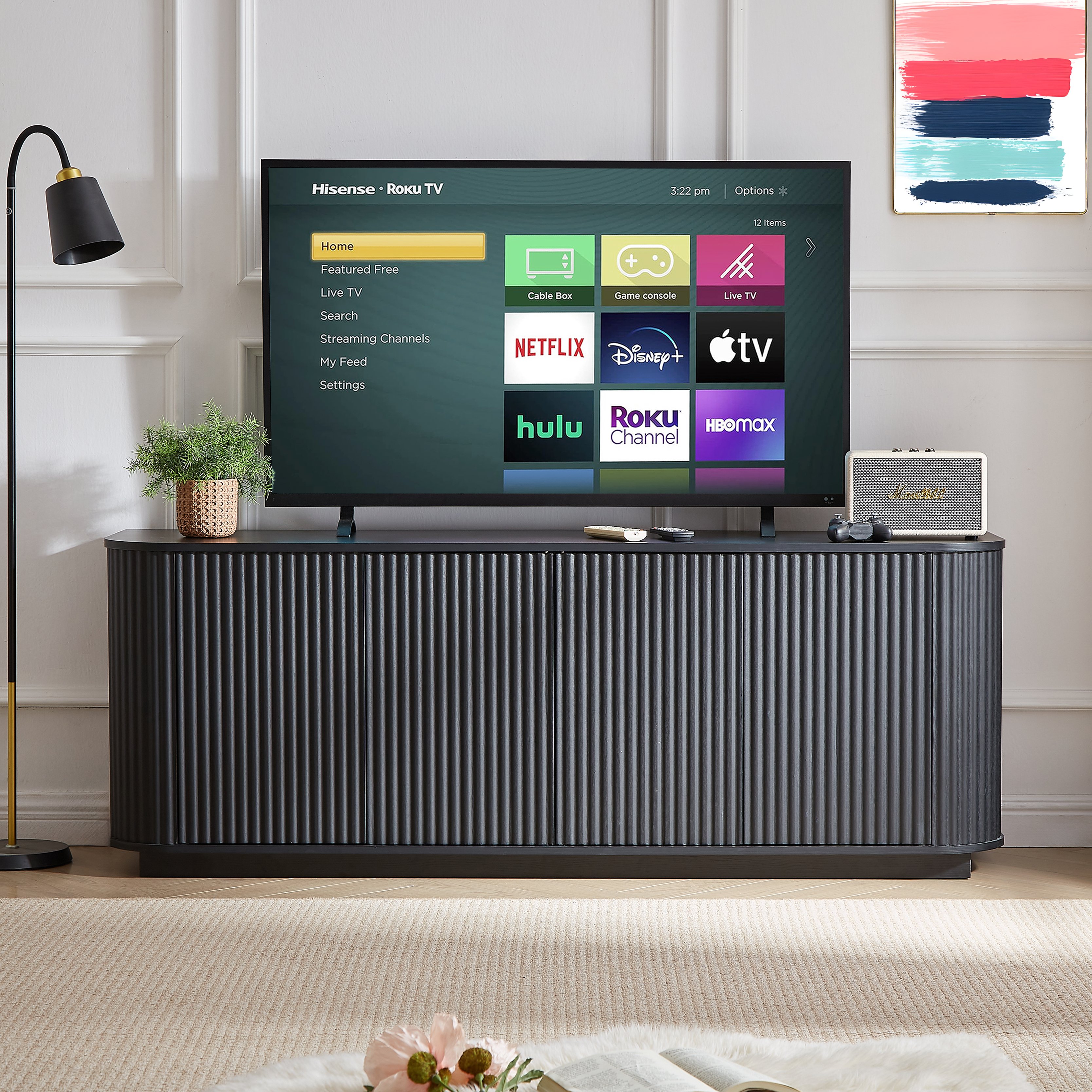 Meuble TV Panneau composite de fibres de bois à densité Noir 162x38x61 cm, Structure Solide avec Pieds Réglables, Design Ondulé à 4 Portes Sans Poignées pour Salon