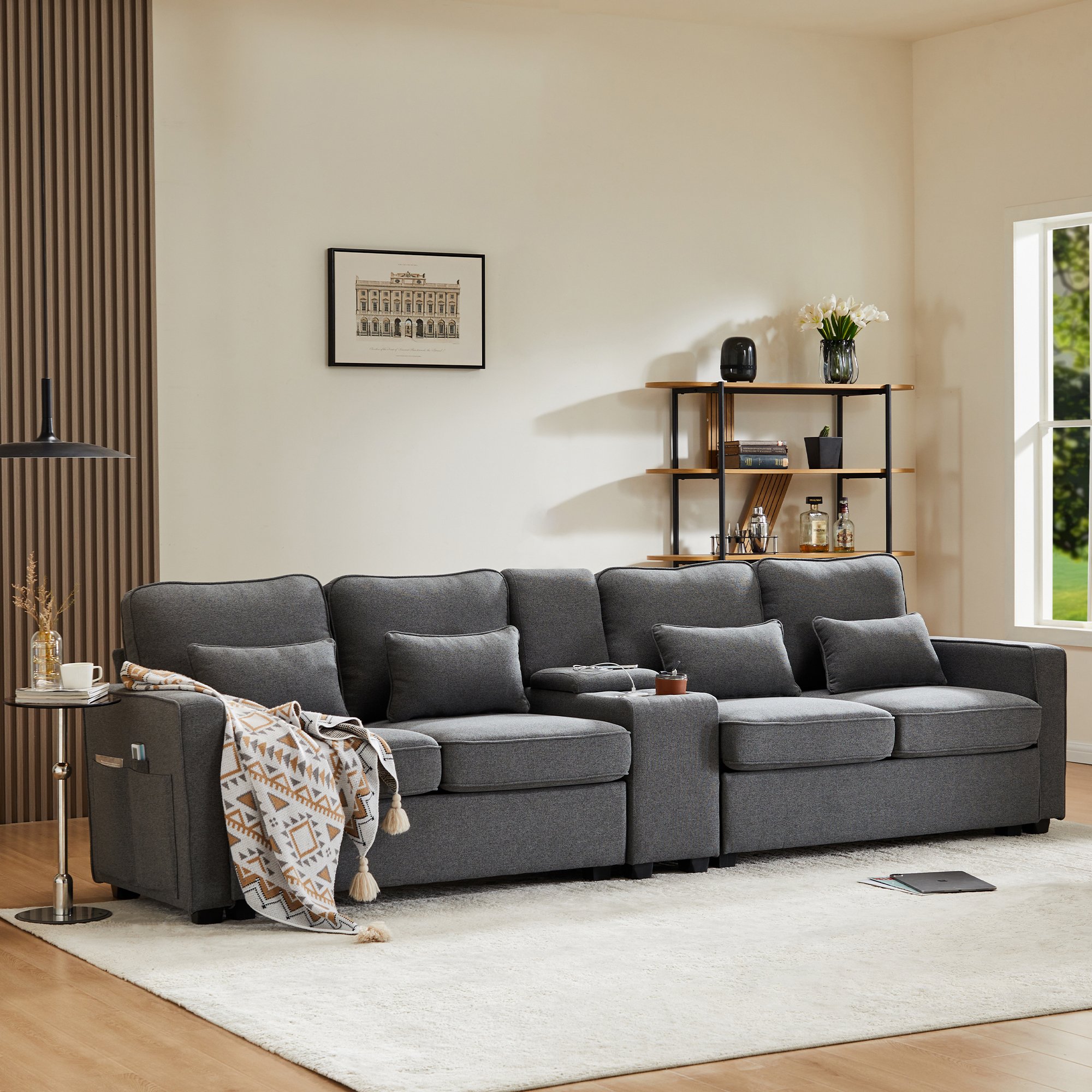 Canapé 4 Places Gris Foncé Aspect Lin avec Console, Porte-Gobelets, Ports USB et Poches de Rangement sur Accoudoirs