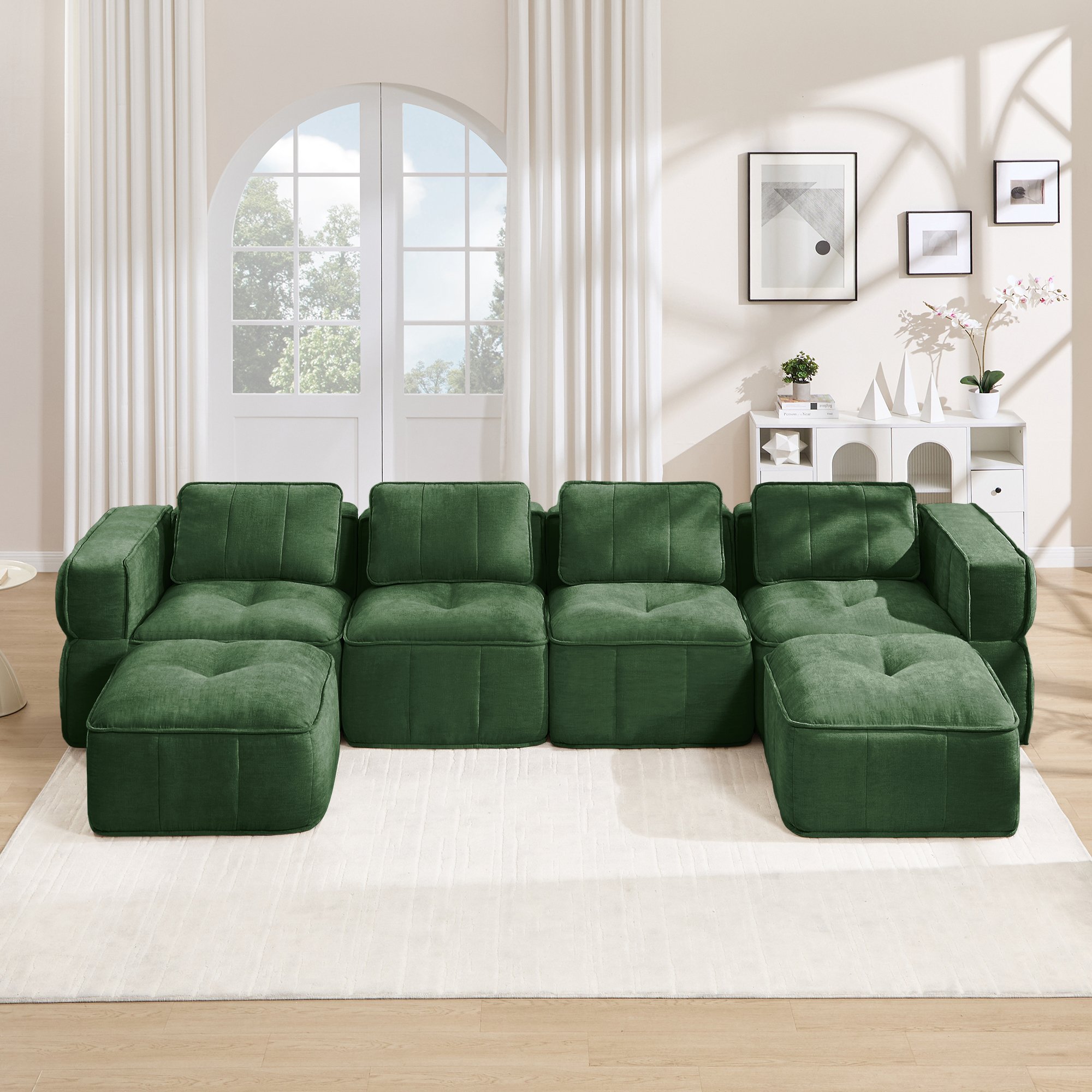 Canapé Modulable 4 Places Vert en Tissu Polyester, Mousse Haute Densité 32D, Sans Montage, pour Salon Moderne