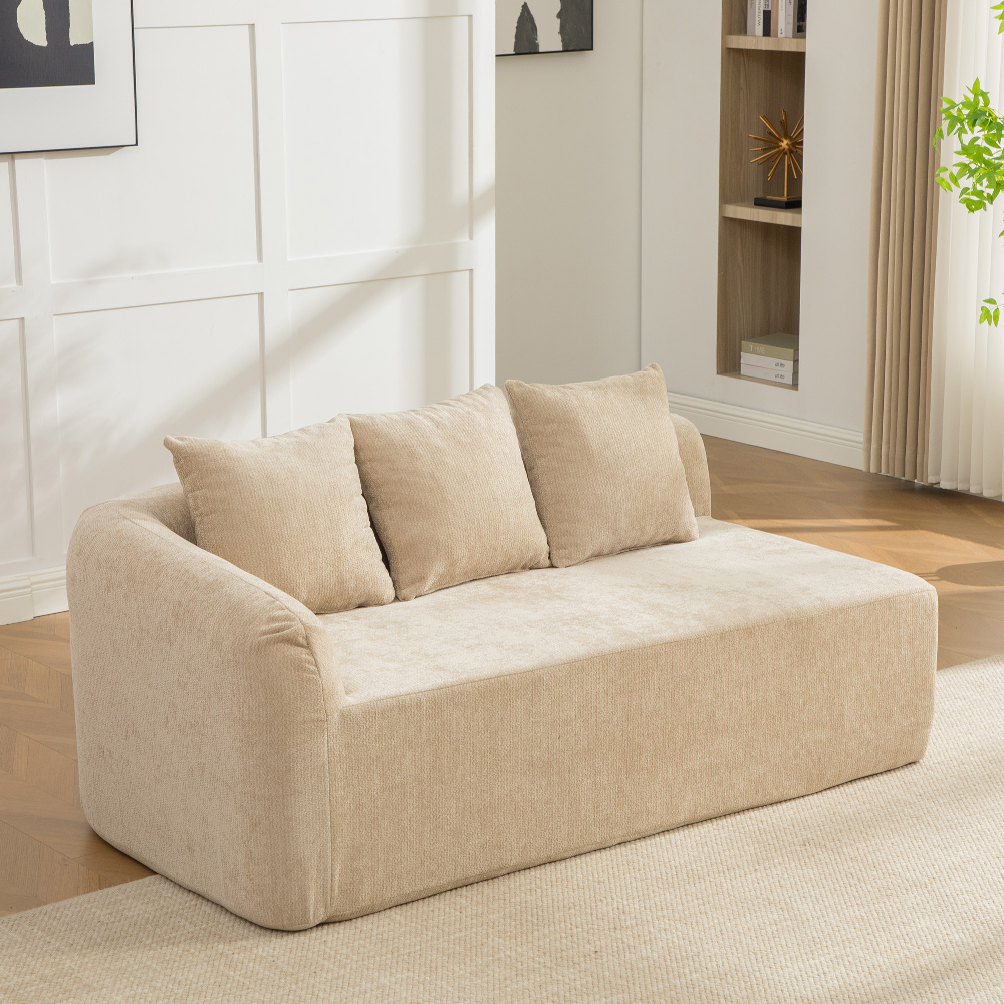 Canapé modulable chenille couleur kaki clair, structure légère et antidérapante pour salon moderne, confort rembourré immédiat