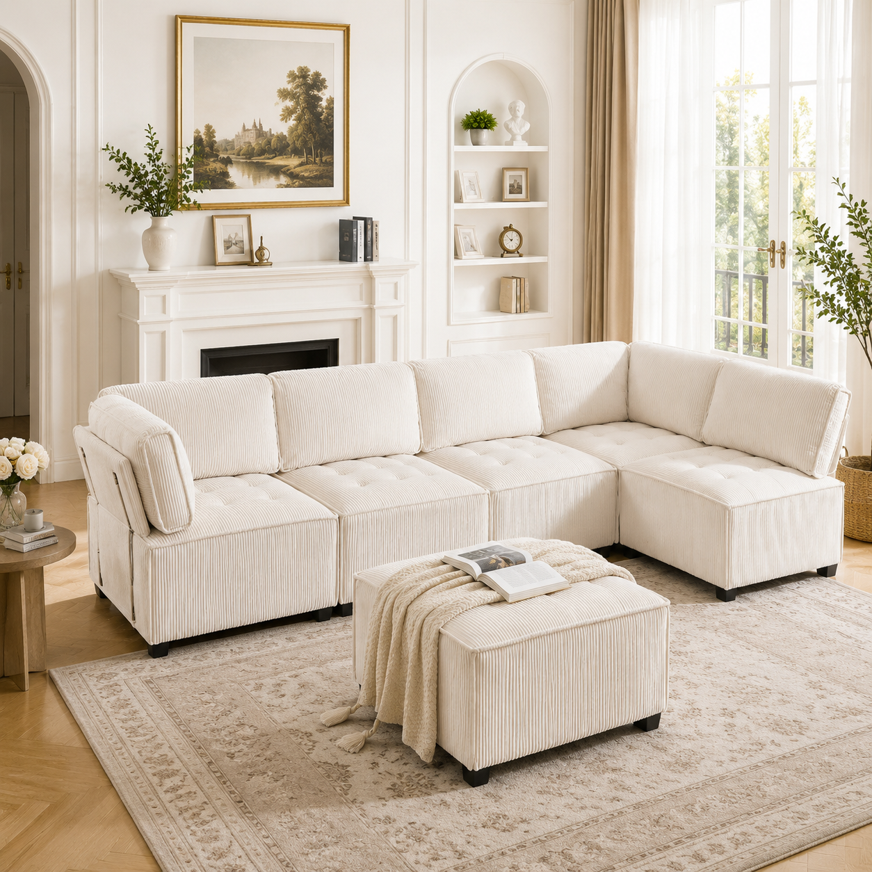 Lit avec rangement et tiroirs intégrés 308x154x82 cm en velours beige structure métal pour chambre