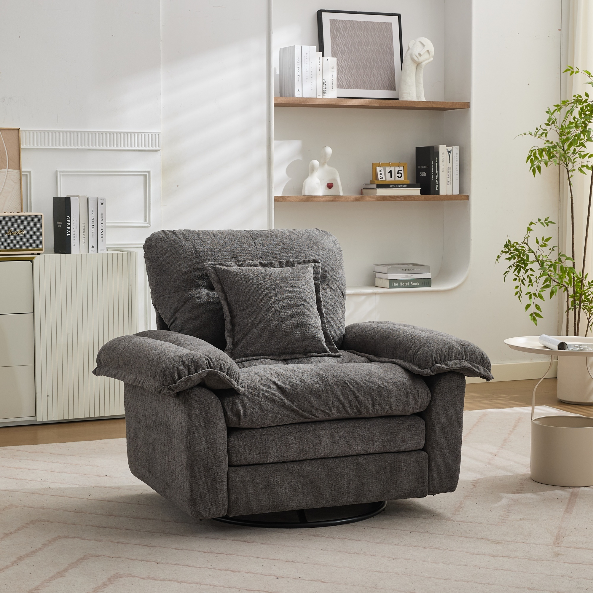 Fauteuil Rotatif 360° Gris Chenille - Siège Pivotant Oversized Ergonomique avec Coussin de Soutien pour Salon et Chambre