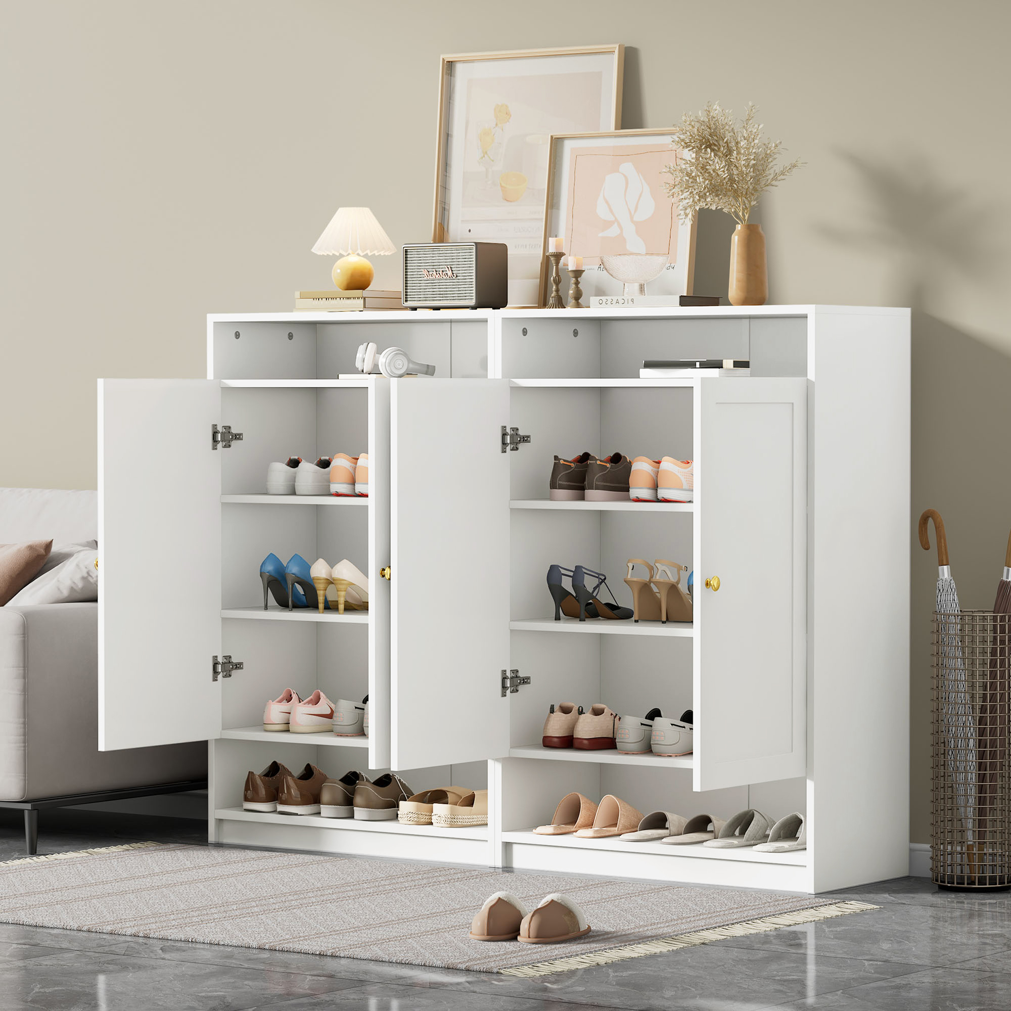Meuble à chaussures blanc 146x34x109 cm, capacité 15 paires, étagères réglables et portes stables avec poignées dorées