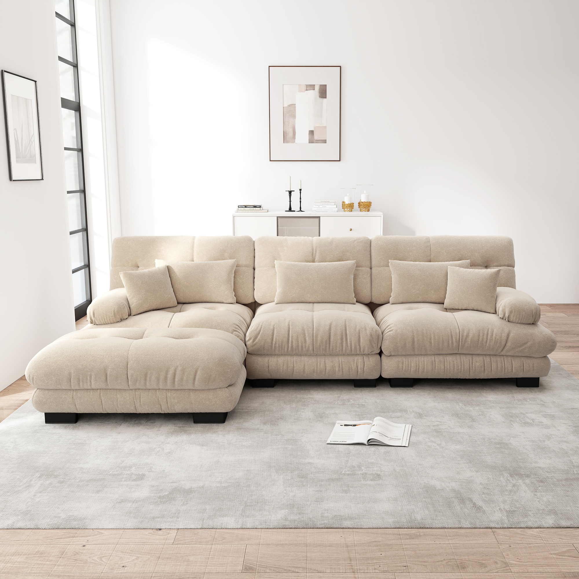 Canapé d'angle 5 places en chenille marron clair, structure modulable en L avec ottomans mobiles assortis