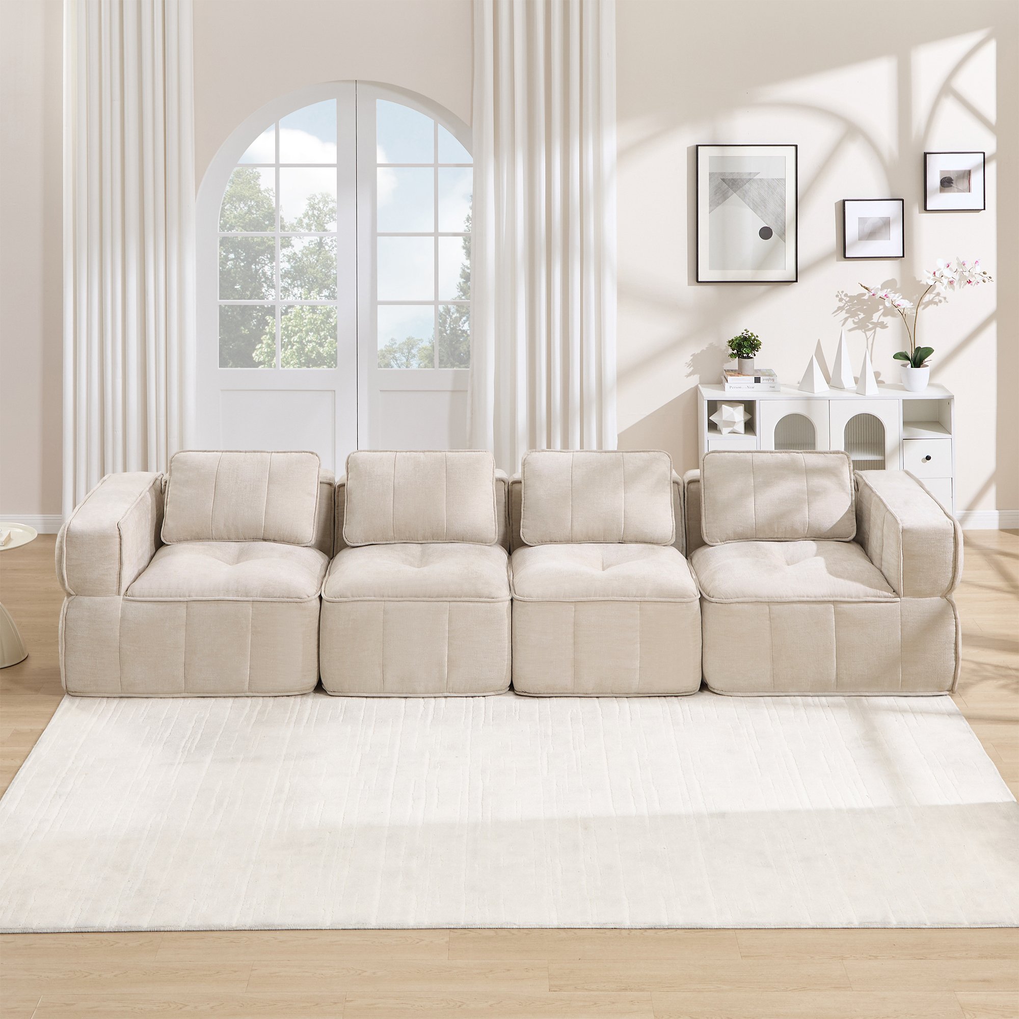 Canapé modulable sans cadre 4 places en mousse haute densité 32D, tissu polyester beige, design nuage pour salon moderne