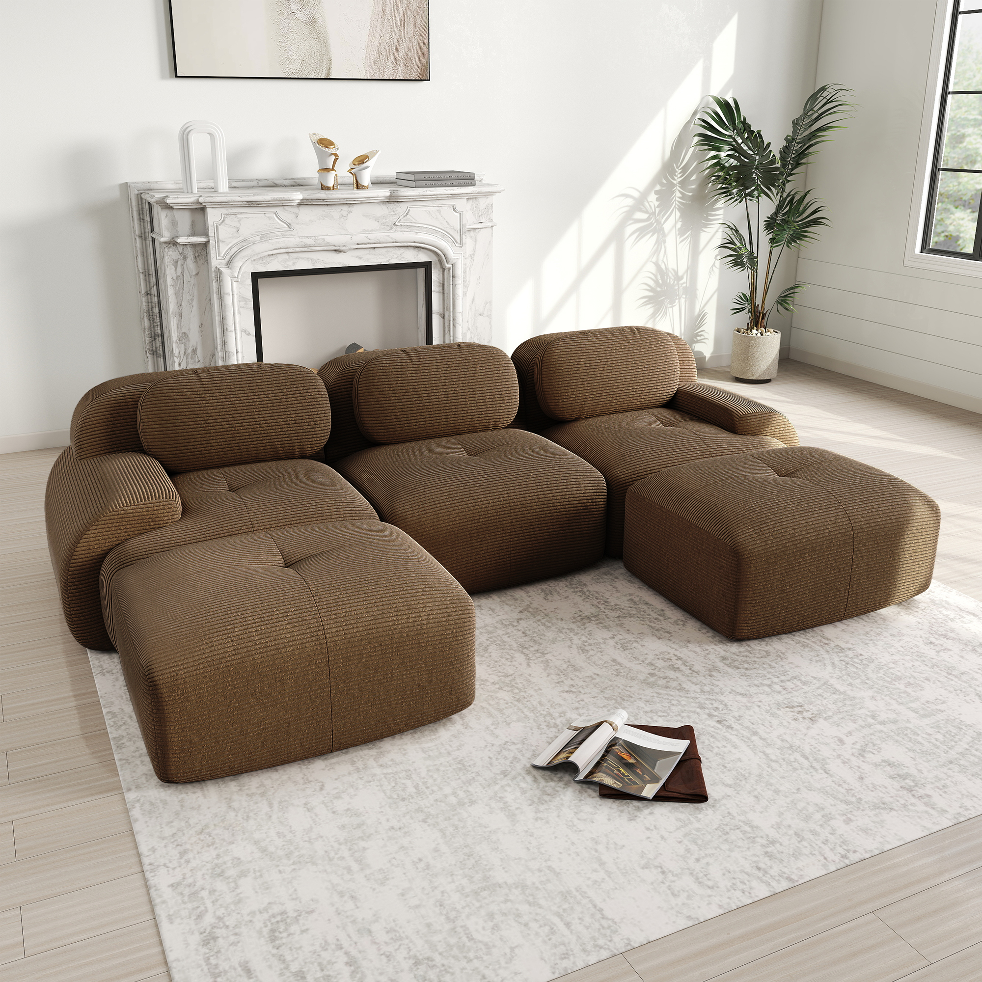 Canapé d'angle en velours côtelé marron sans cadre mousse 32D accoudoirs larges 298x178x70 cm antidérapant