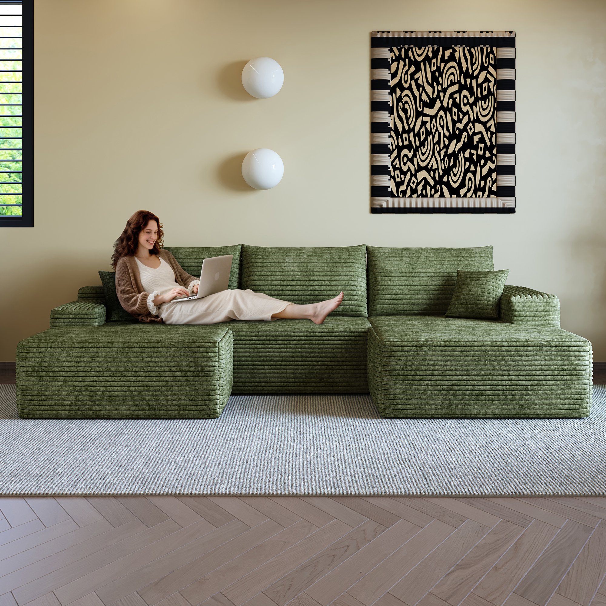 Canapé d'angle 270x175cm en tissu côtelé vert, structure modulaire sans montage, assise profonde et confort mousse haute élasticité pour le salon.