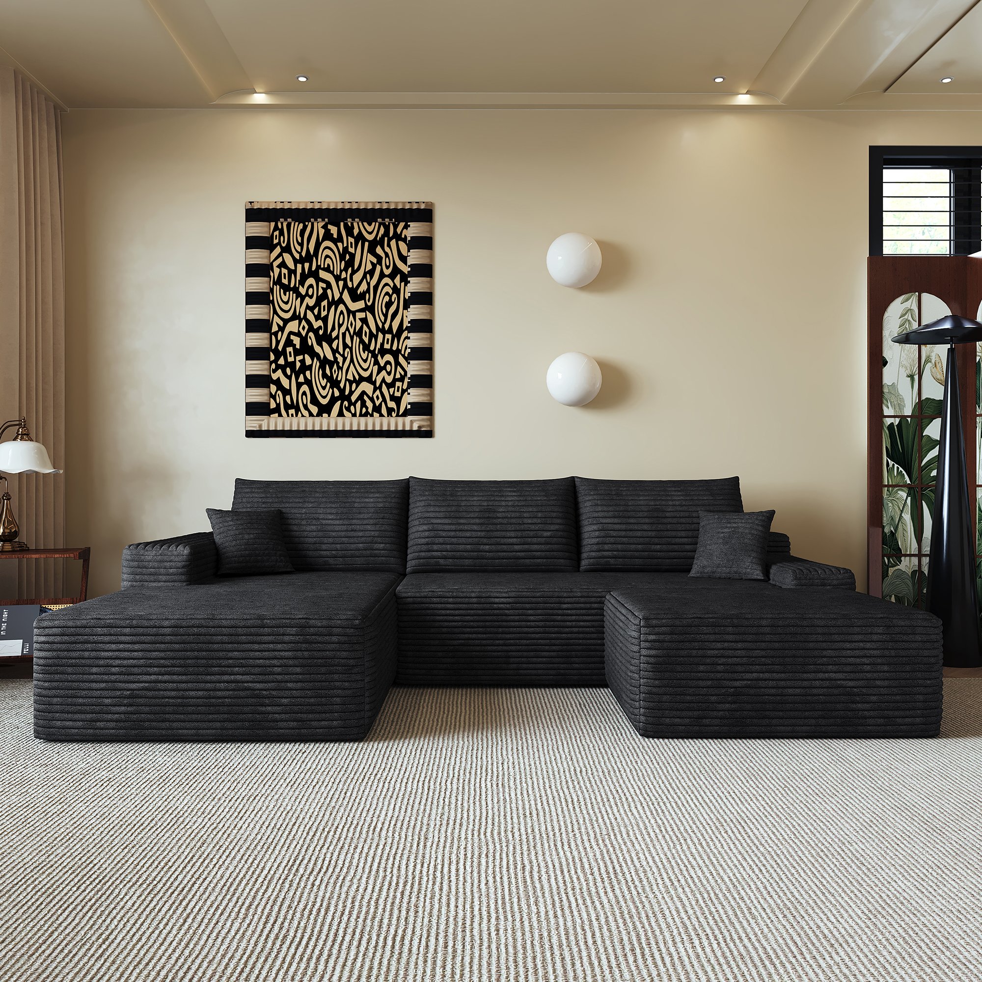 Canapé d'angle 270x175cm en tissu corduroy noir avec chaise longue, assise profonde et mousse haute densité pour salon moderne