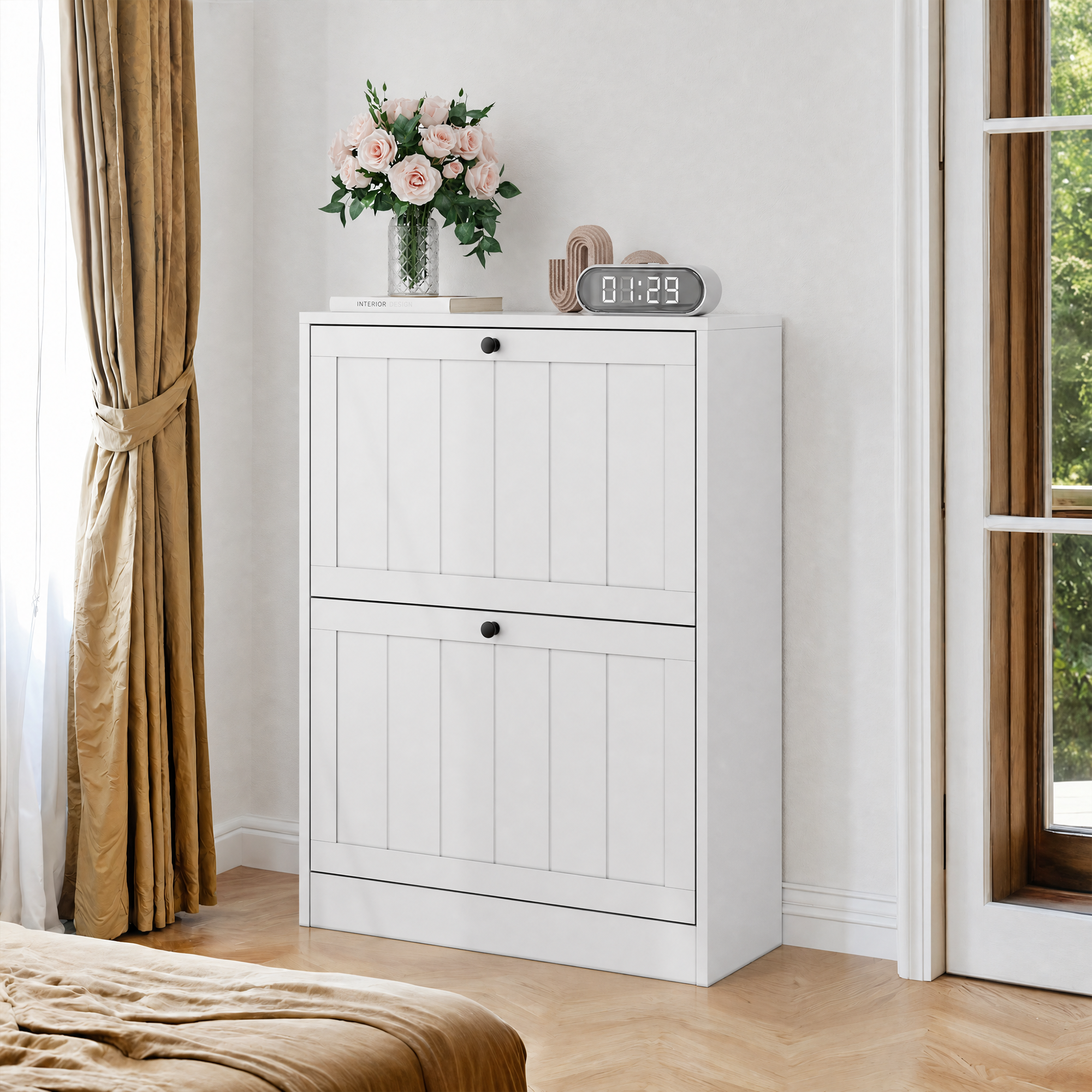 Meuble à chaussures blanc 60x24x80 cm, Armoire entrée avec portes et tiroir, Design moderne Panneau composite de fibres de bois à densité