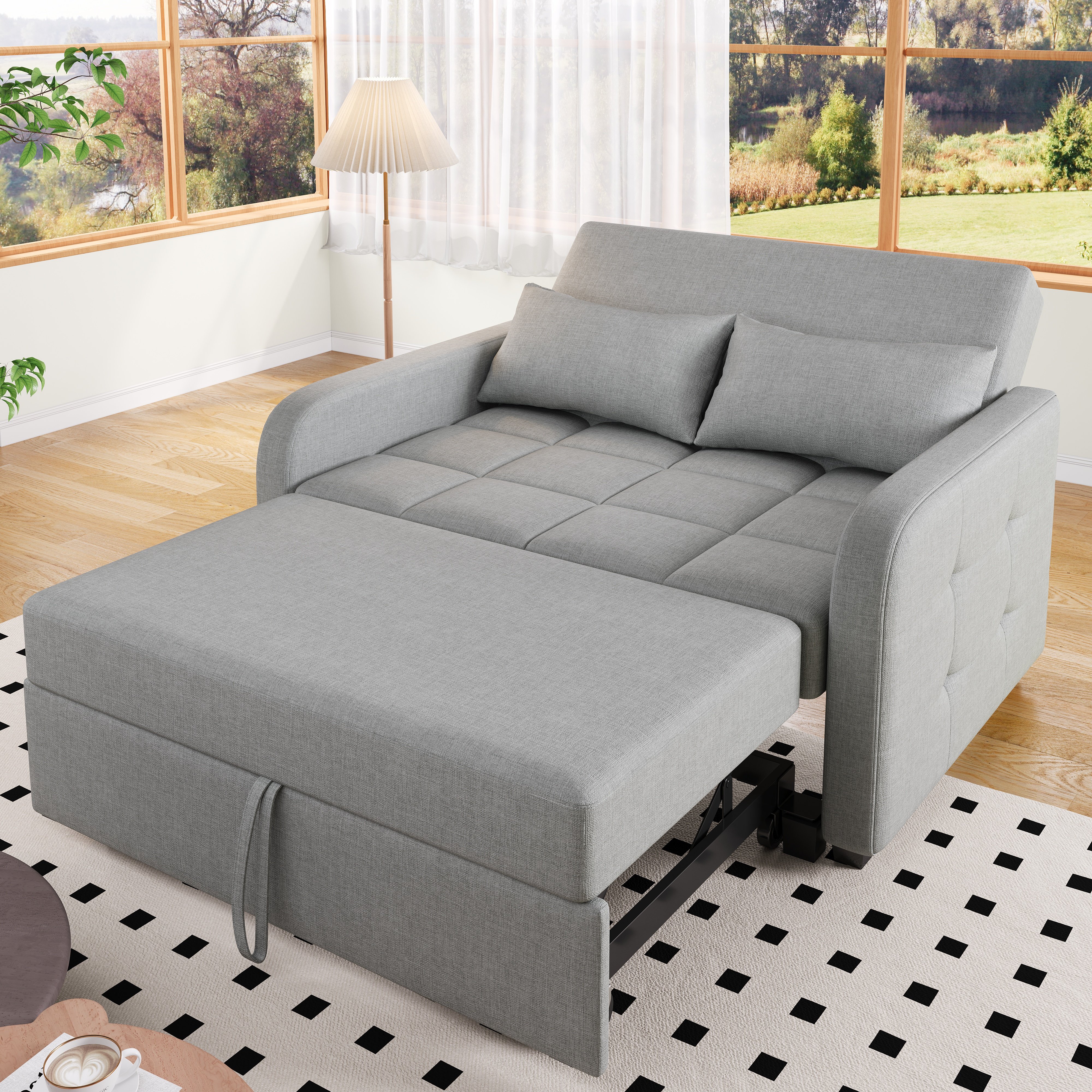 Canapé Convertible Tissu Lin Coton Gris Antique Structure Renforcée Bois Métal Charge 130kg Dimensions 127x75x94cm