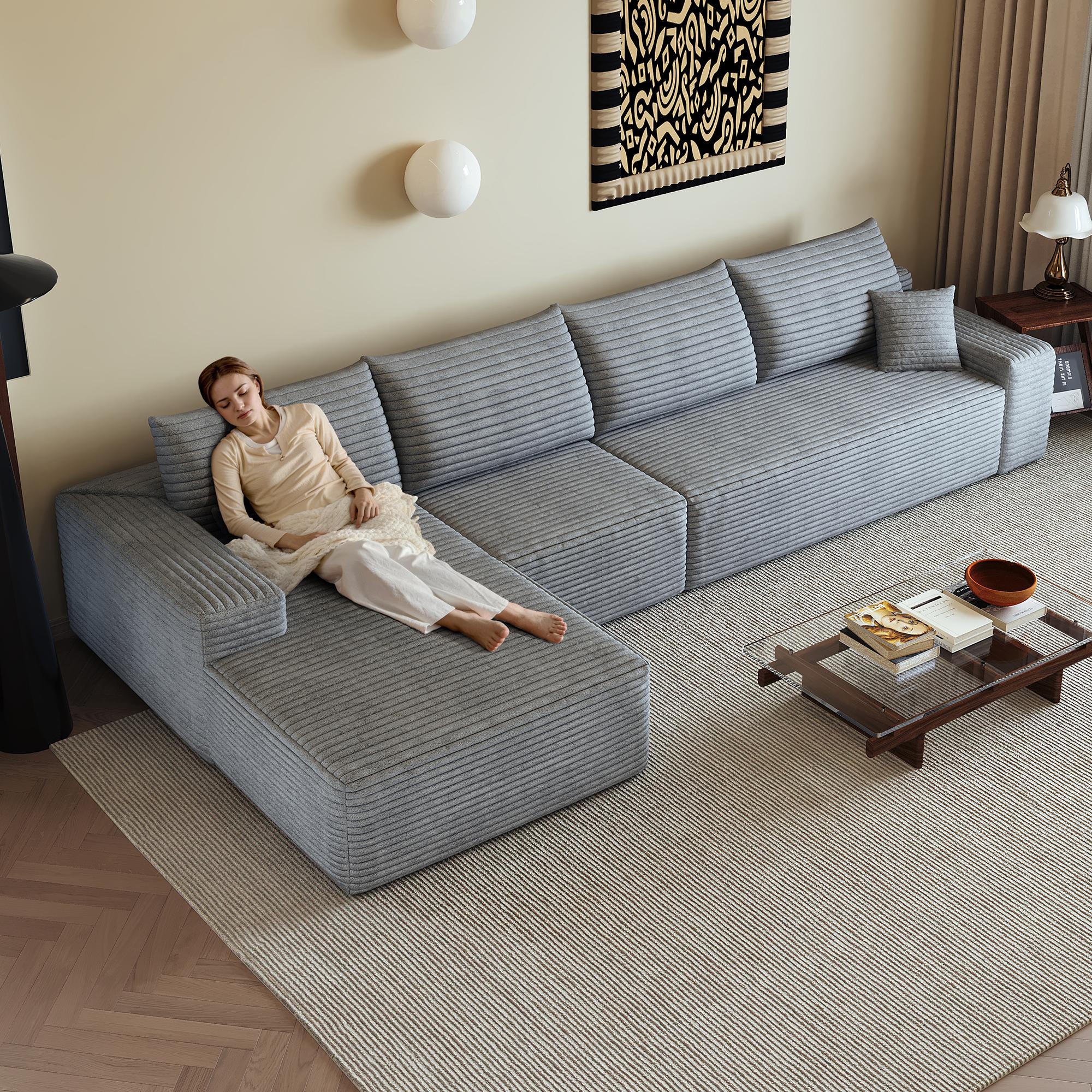 Canapé d'angle modulable gris 340cm sans assemblage, tissu côtelé doux et mousse élastique, livraison facile en colis compressés