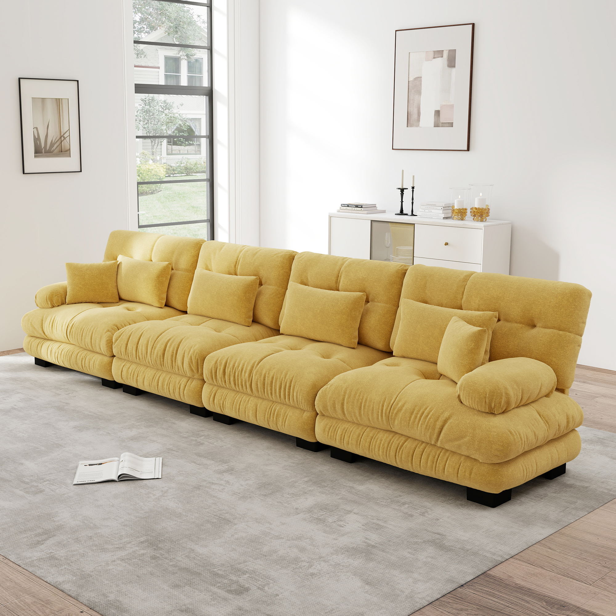 Canapé Modulable 4 Places Style Vintage Chic Chenille Jaune Profondeur Assise Confortable Salon Studio Appartement
