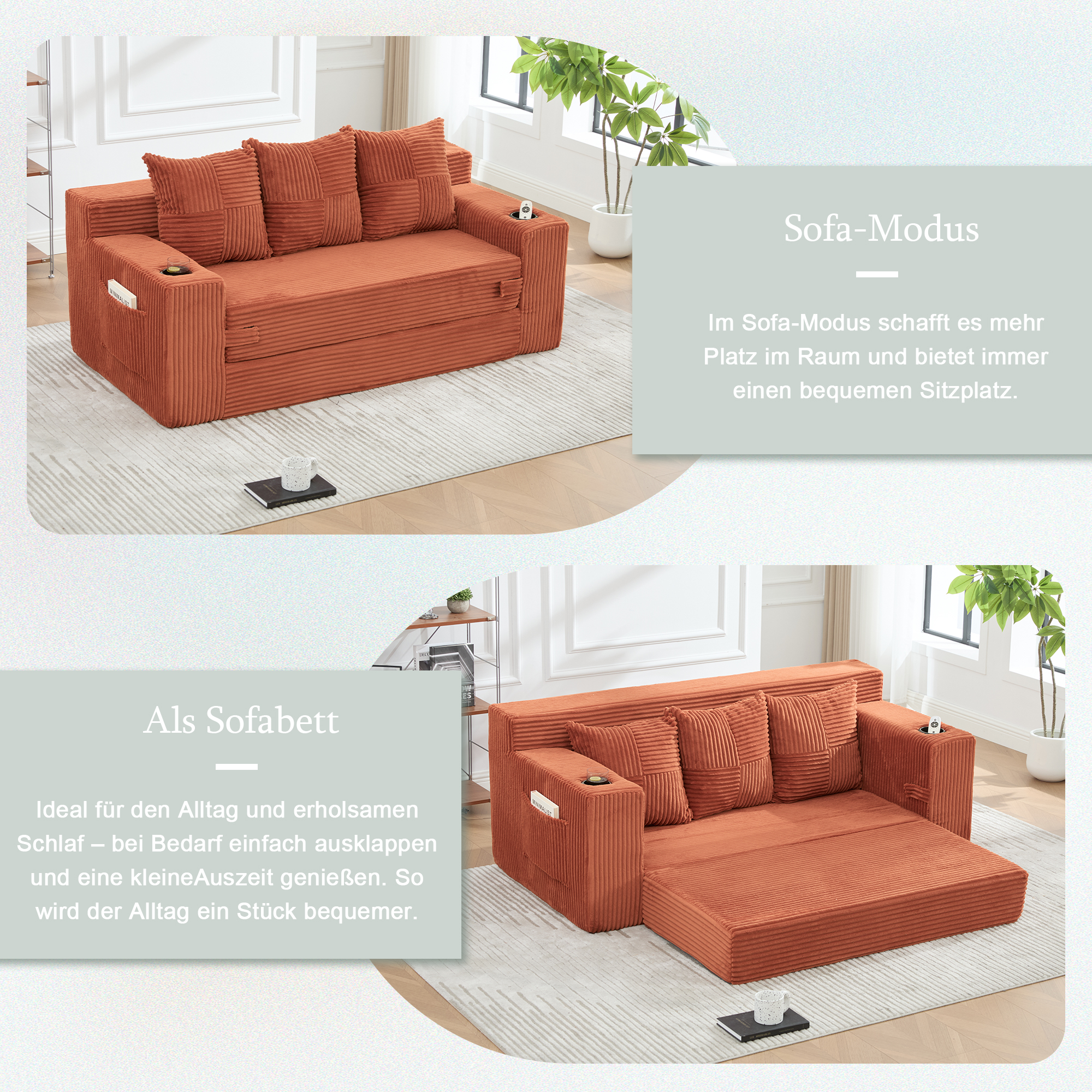 Canapé Modulable 2 Places Orange Velours Côtelé avec Mousse Mémoire et Rangement Sous Coussins
