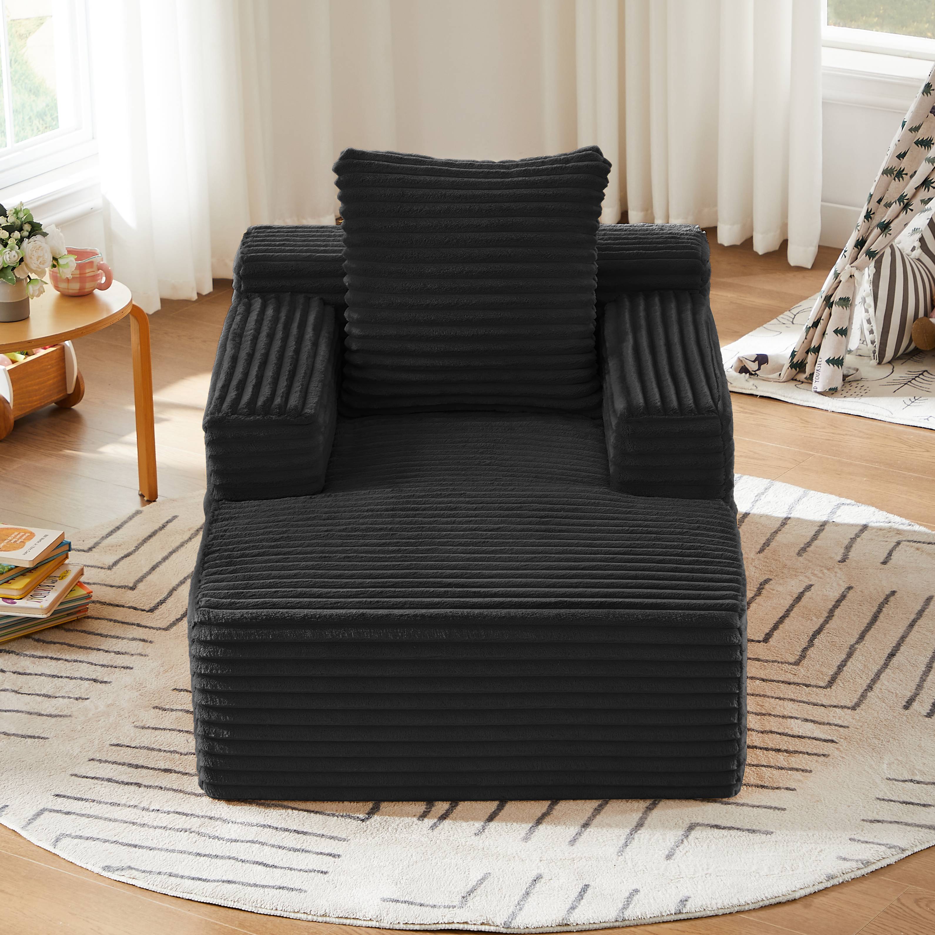 Chaise longue sans montage en velours côtelé noir, canapé lit moderne pour salon et bureau, confort immédiat prêt à l'emploi