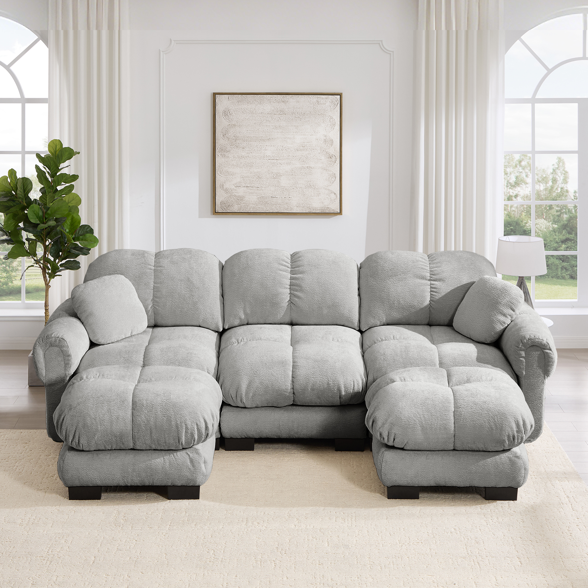 Canapé panoramique 3 places en U, revêtement Chenille gris clair, incluant ottomane mobile et coussins décoratifs pour salon moderne