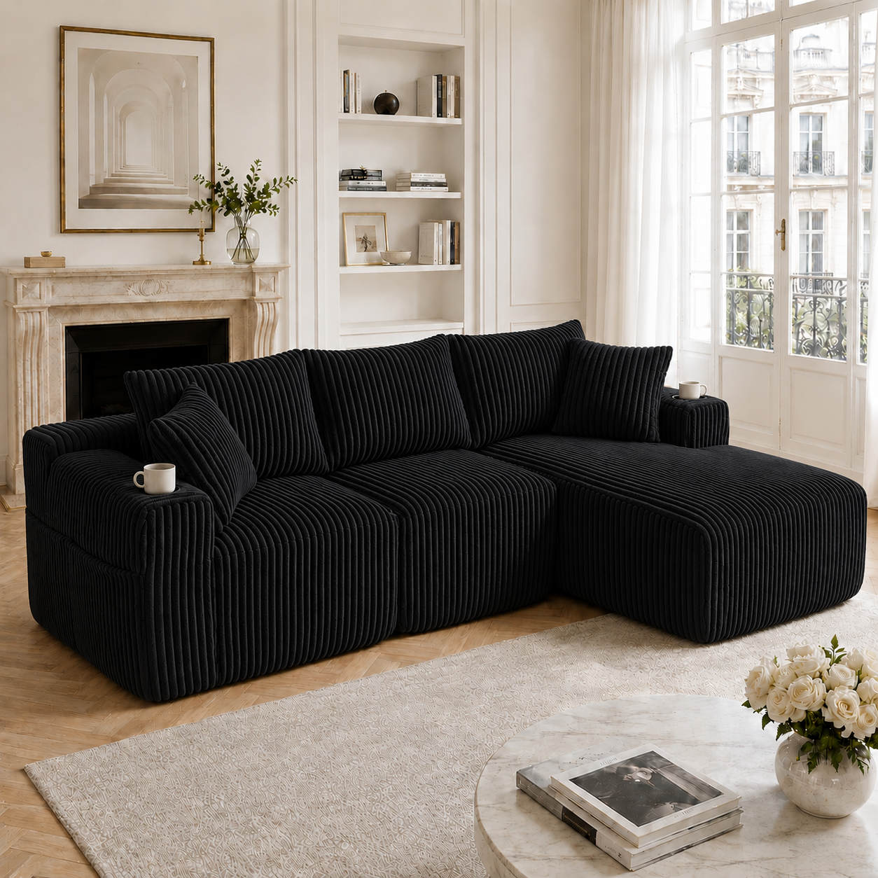 Canapé modulaire avec méridienne 257x160x62 cm 2 places séparables et poches latérales avec porte-gobelets