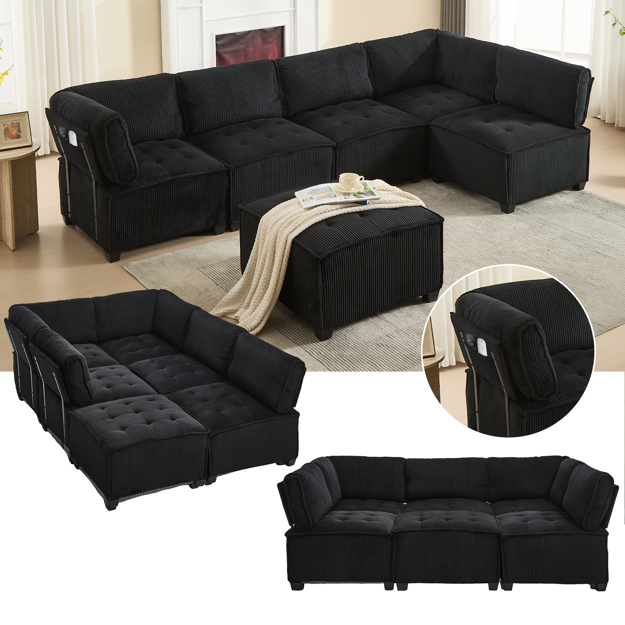Canapé modulaire 6 places 308 cm en velours côtelé noir, structure métal et bois renforcée, rangement latéral