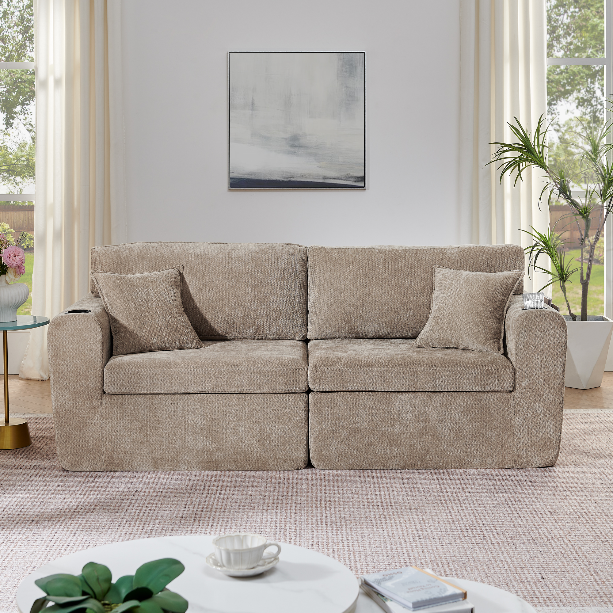 Canapé droit petit espace 2 places en tissu Chenille marron avec USB, tiroir et support boisson pour appartement