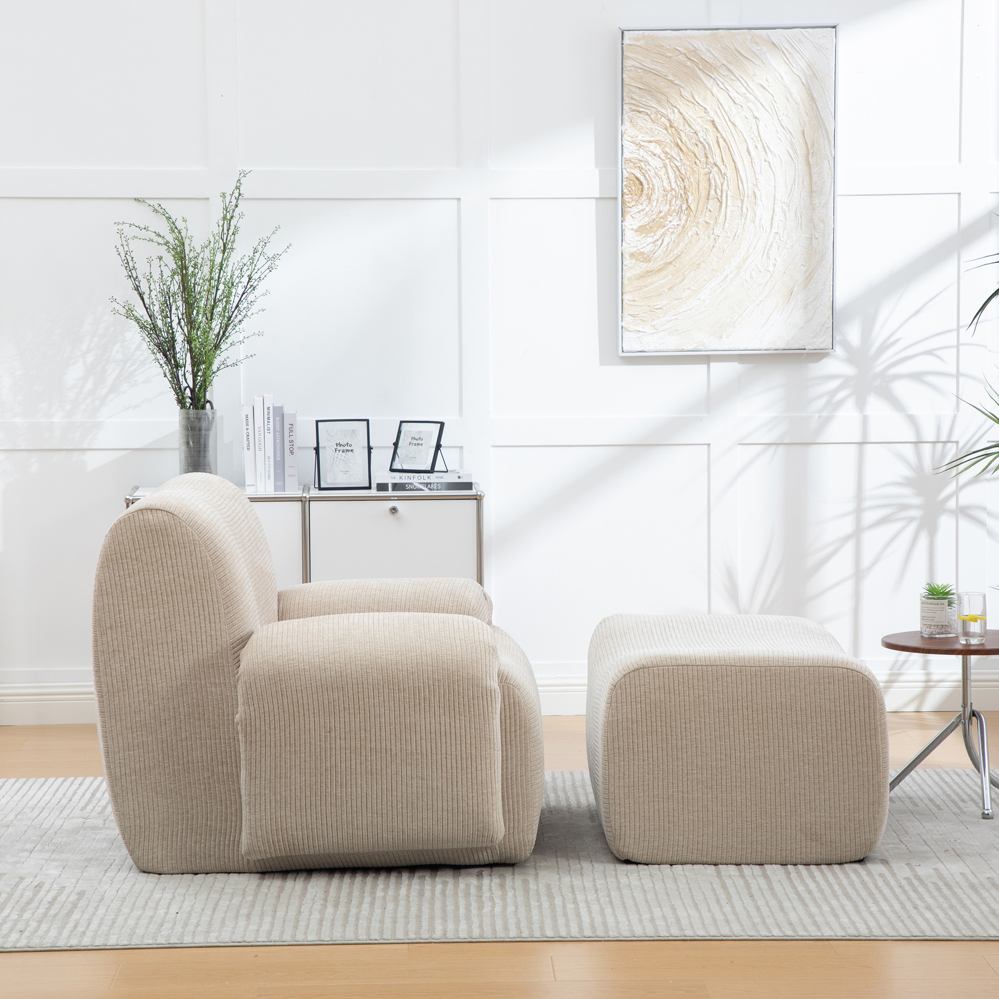 Fauteuil Individuel Revêtement Chenille Strapaziable - Structure Rembourrée Mousse Élastique 30D avec Tabouret Accordé