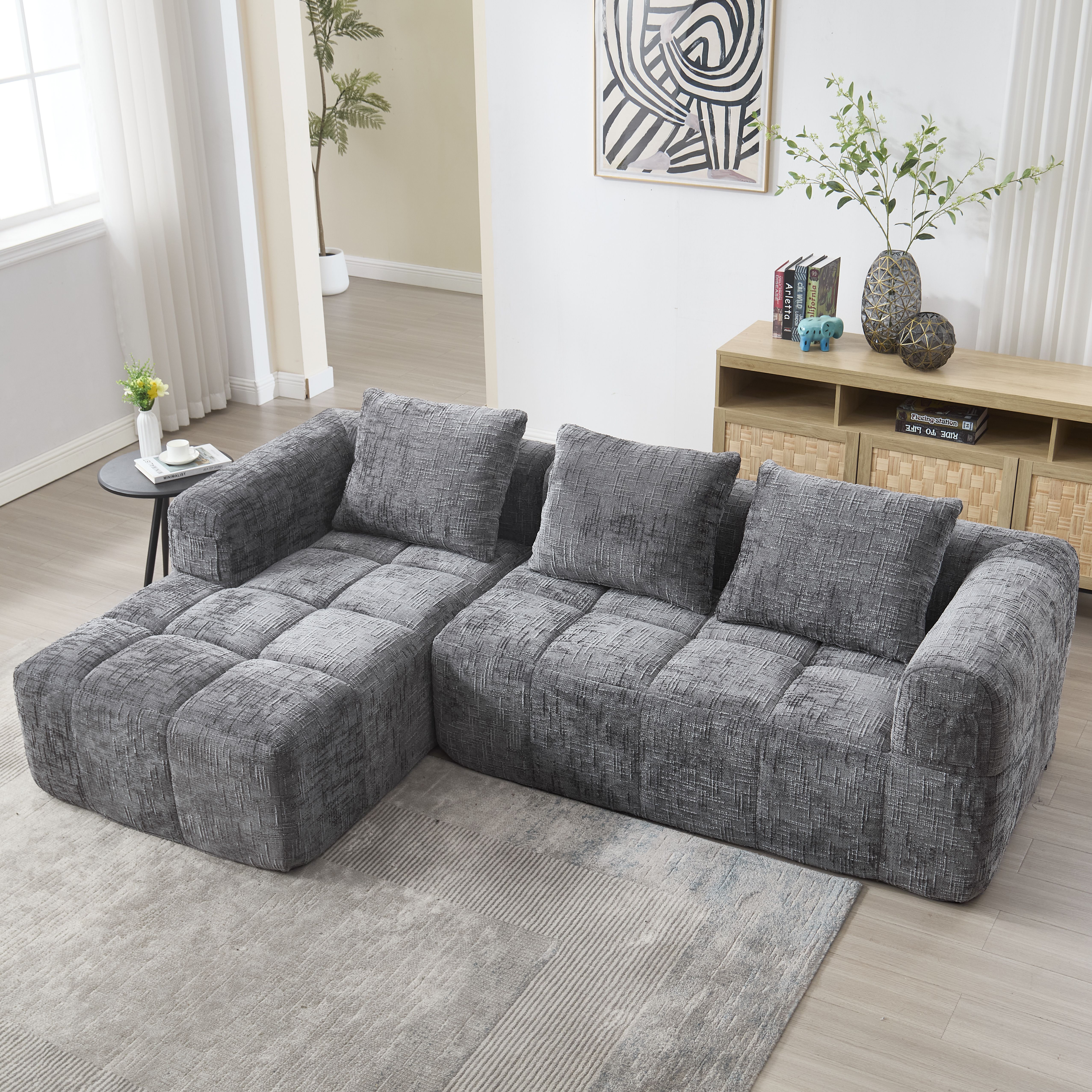Canapé 3 places en chenille gris, structure rembourrée mousse haute densité avec méridienne et 3 coussins