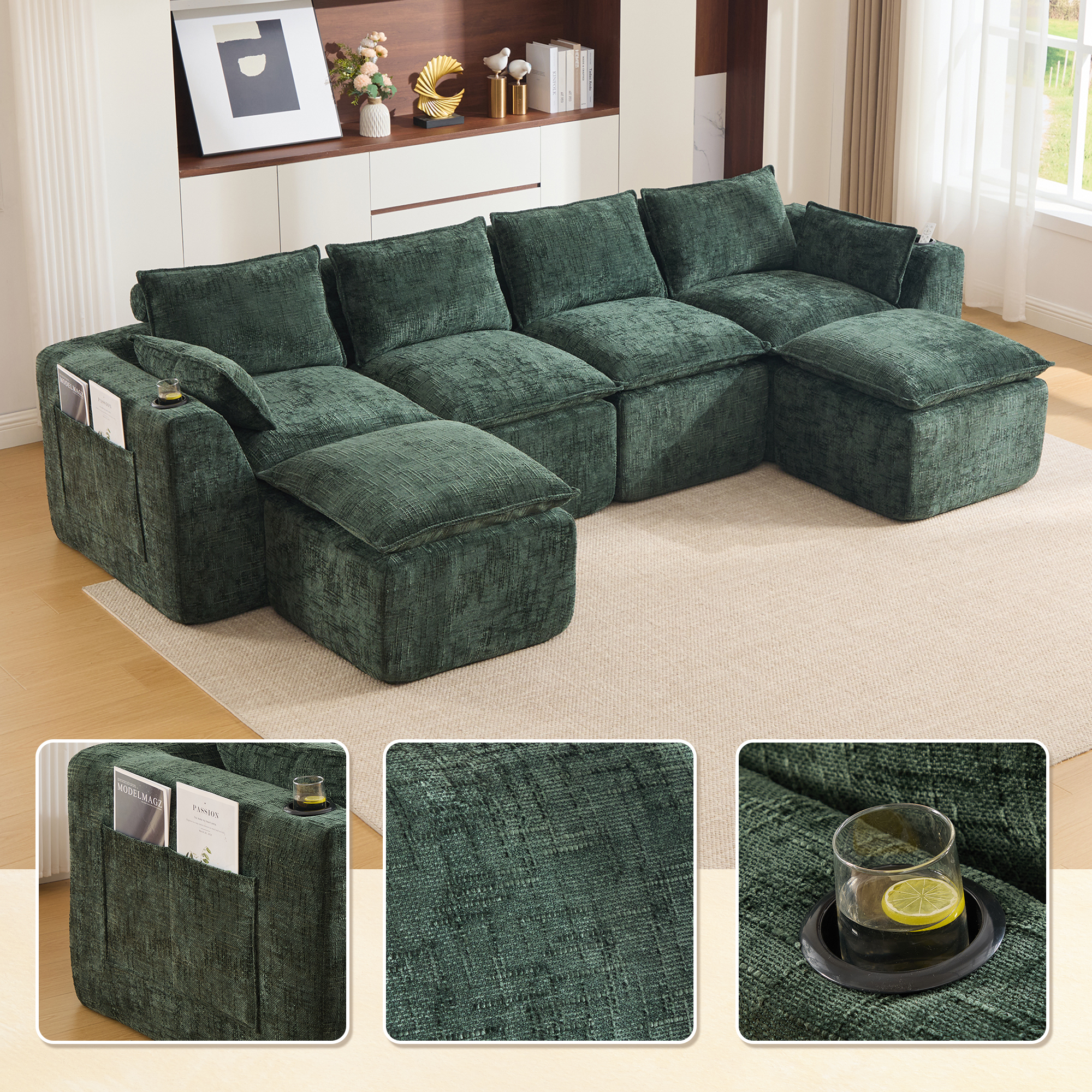 Canapé modulable 4 places en chenille vert foncé avec 2 poufs, 2 poches latérales et coussins