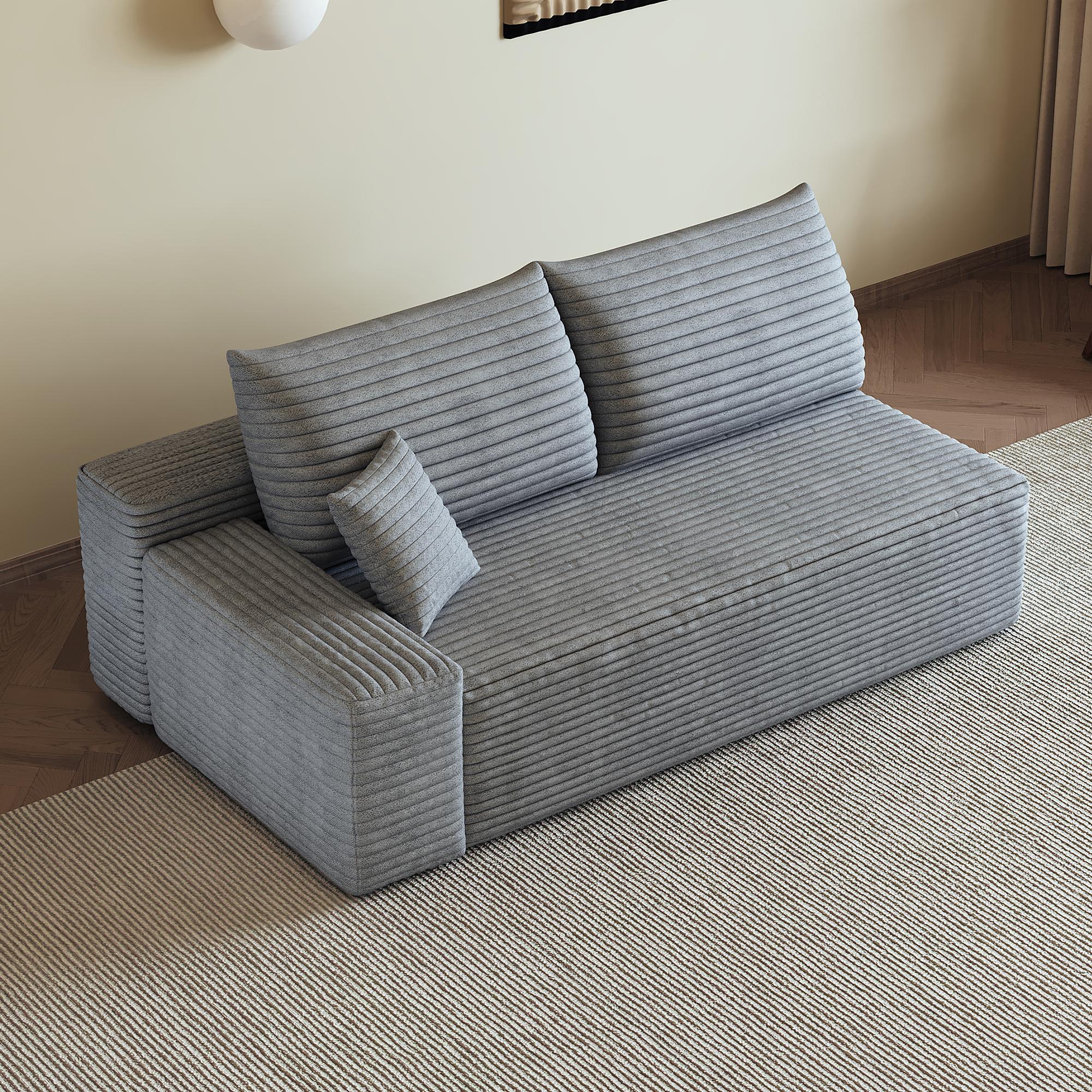 Canapé droit gris velours côtelé sans assemblage, chaise longue réversible, confort moelleux, idéal pour appartement ou chambre