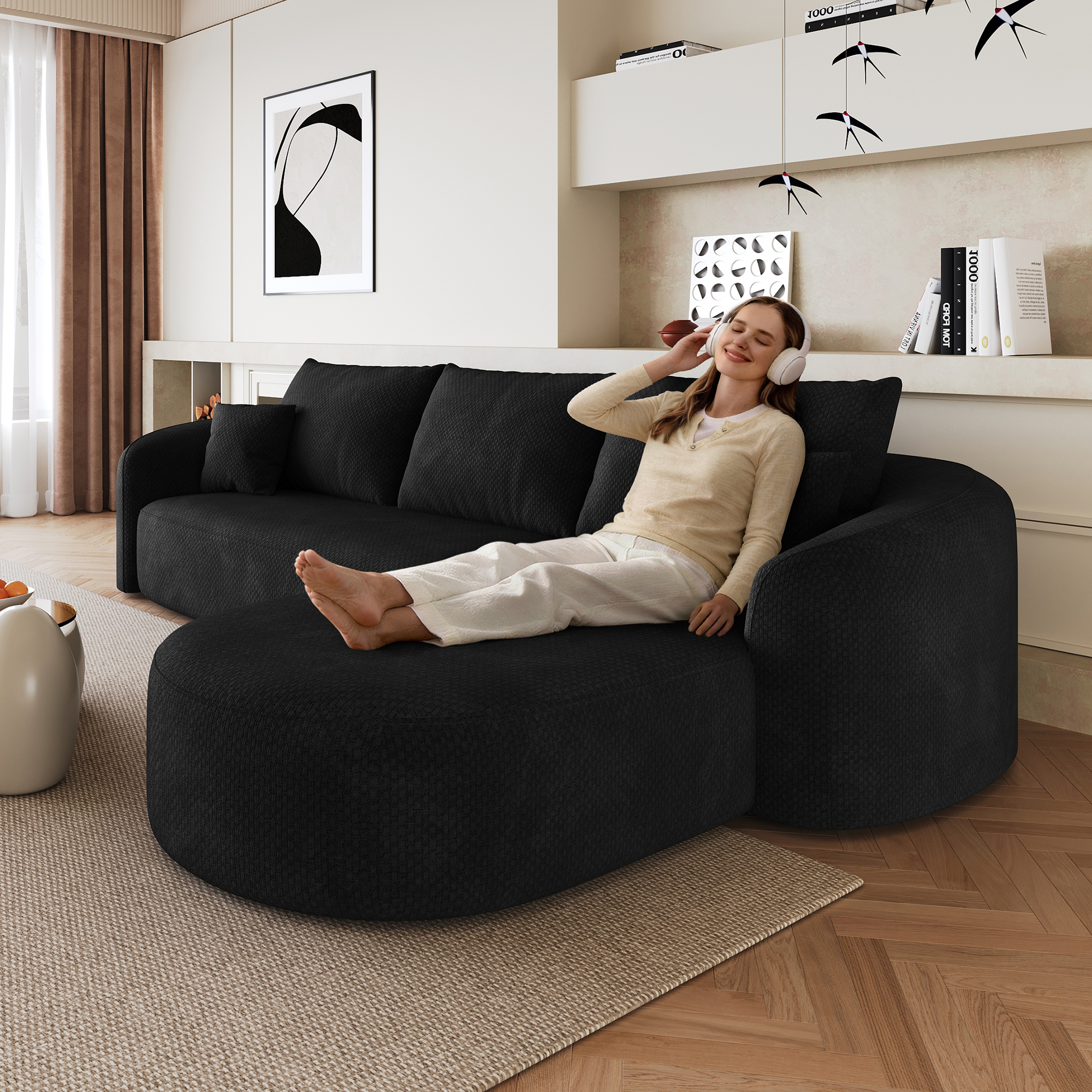 Canapé d'angle modulable noir, canapé en tissu sans montage, structure flottante moderne pour salon et chambre, dimensions 266x168 cm