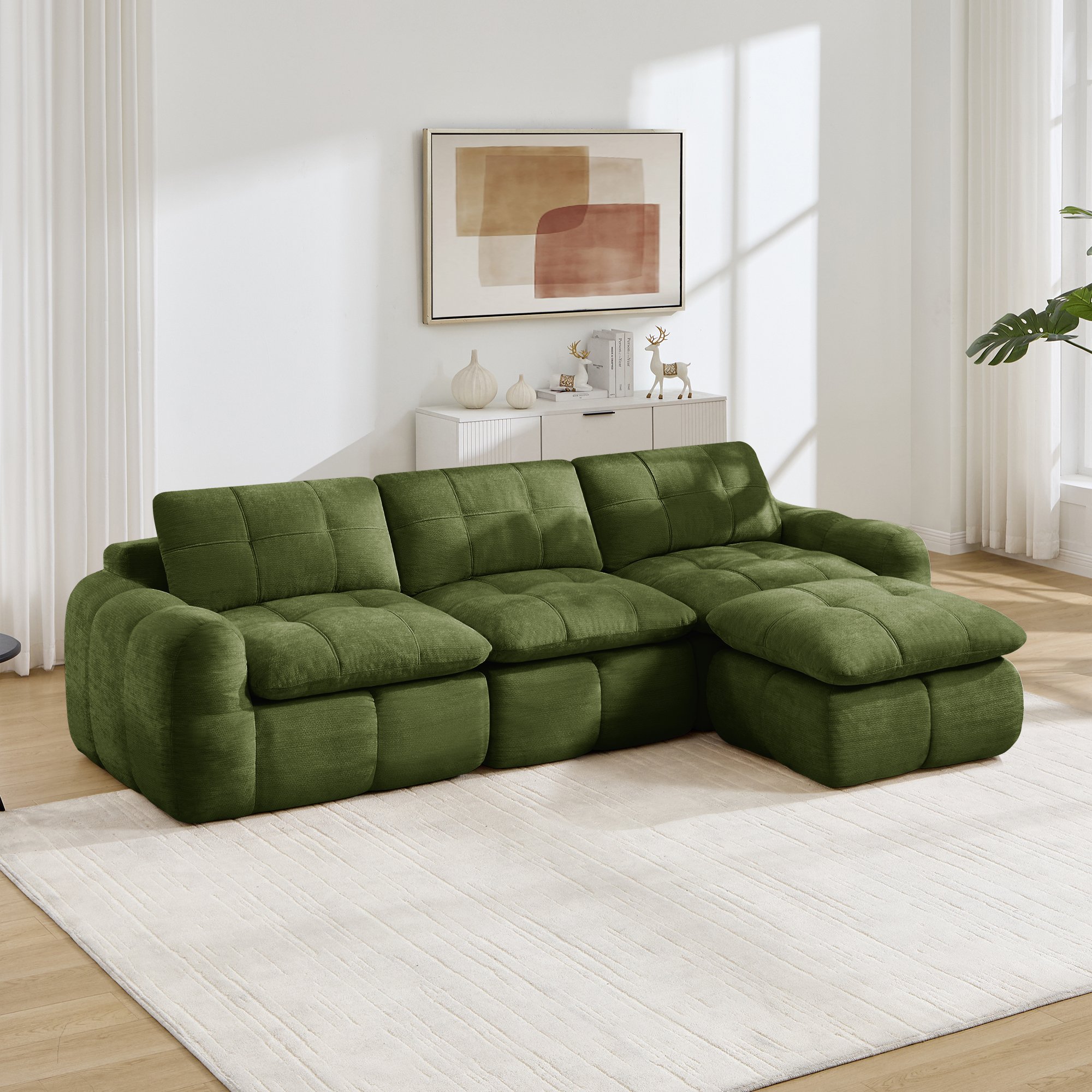 Canapé d'angle modulable 3 places vert en tissu chenille, structure sans cadre avec ottoman inclus, confort mousse haute densité pour salon et appartement