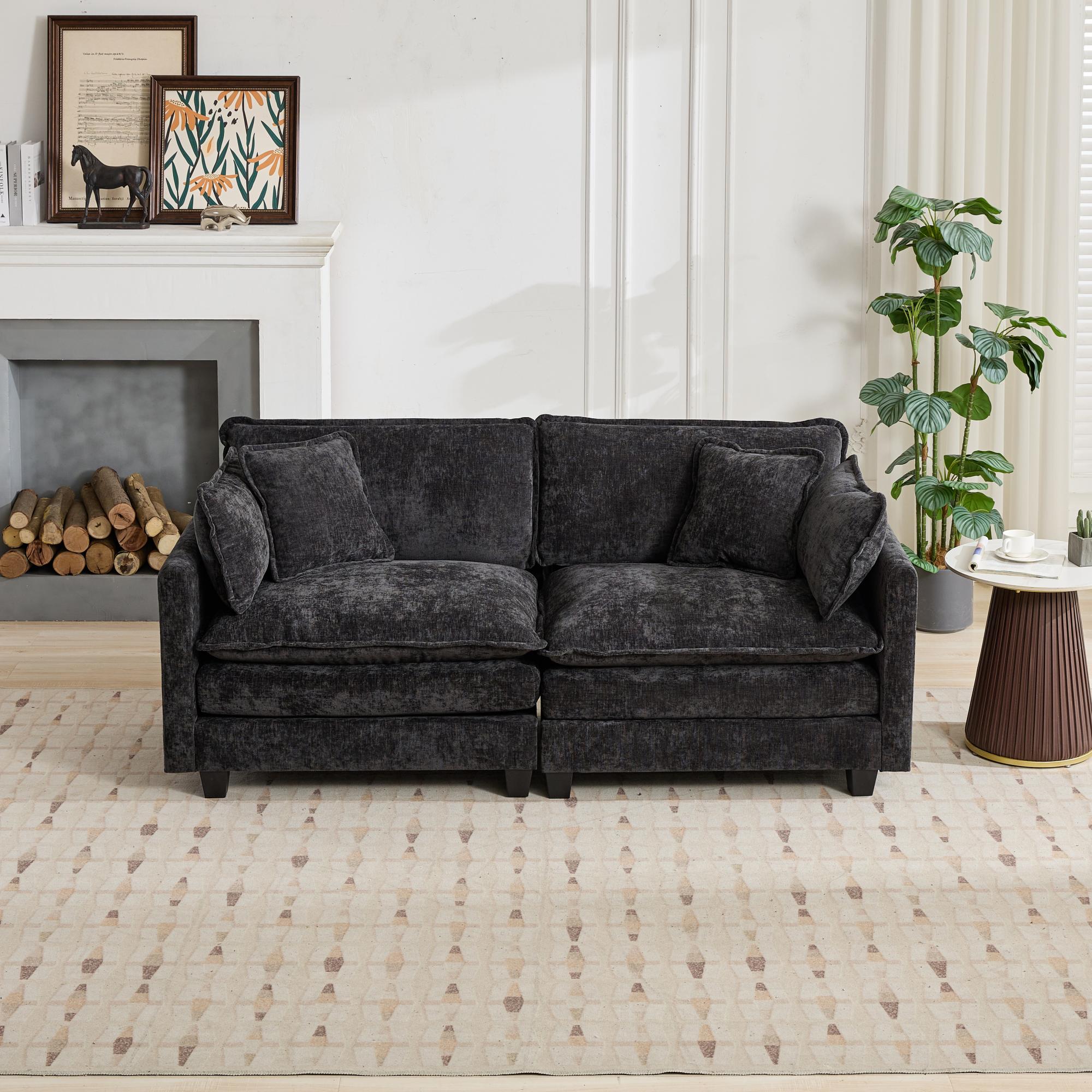 Canapé 2 places en velours noir, assise rembourrée double couche et coussin d'appui pour salon