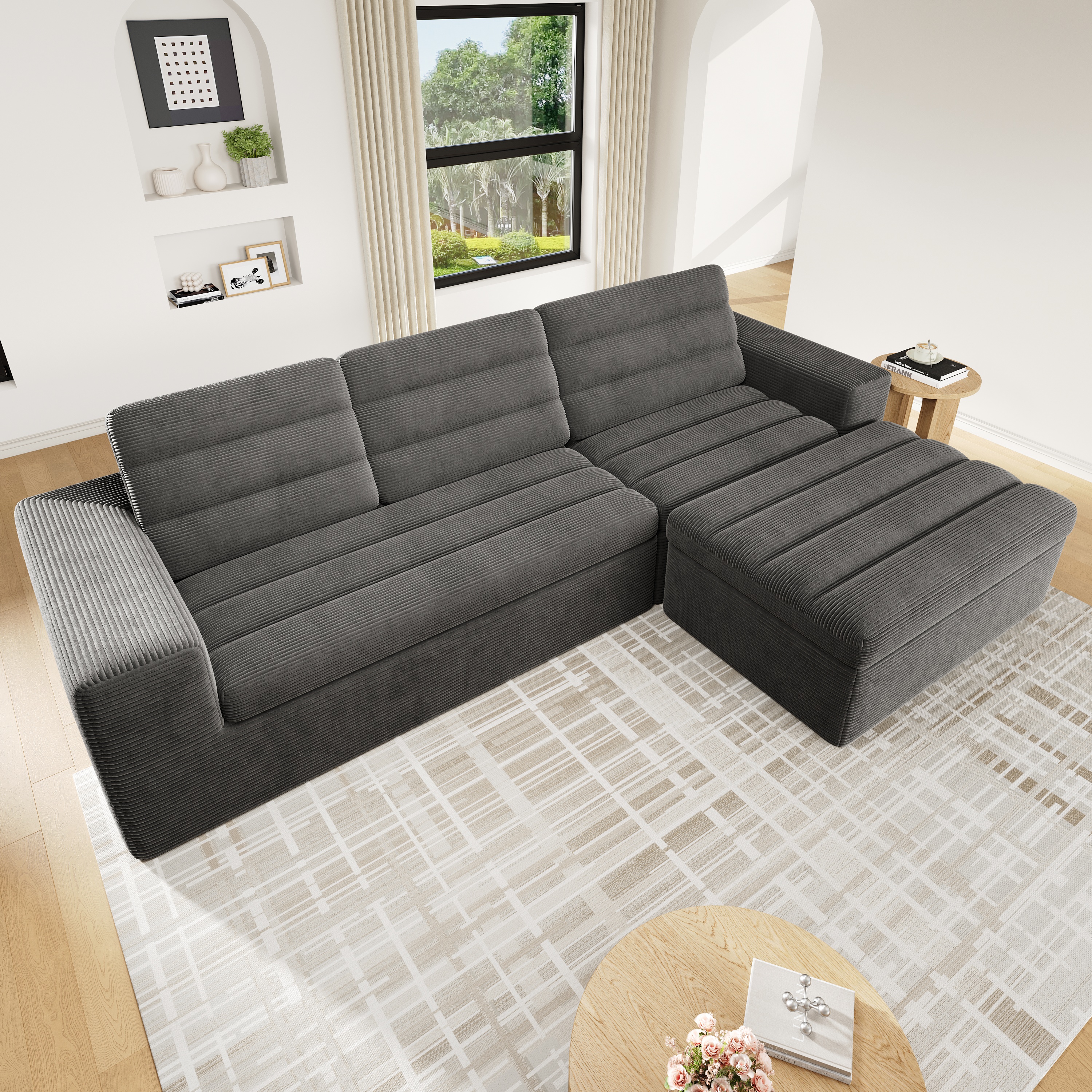 Canapé d'angle modulable 4 places en velours côtelé gris foncé, sans montage, pour salon et appartement