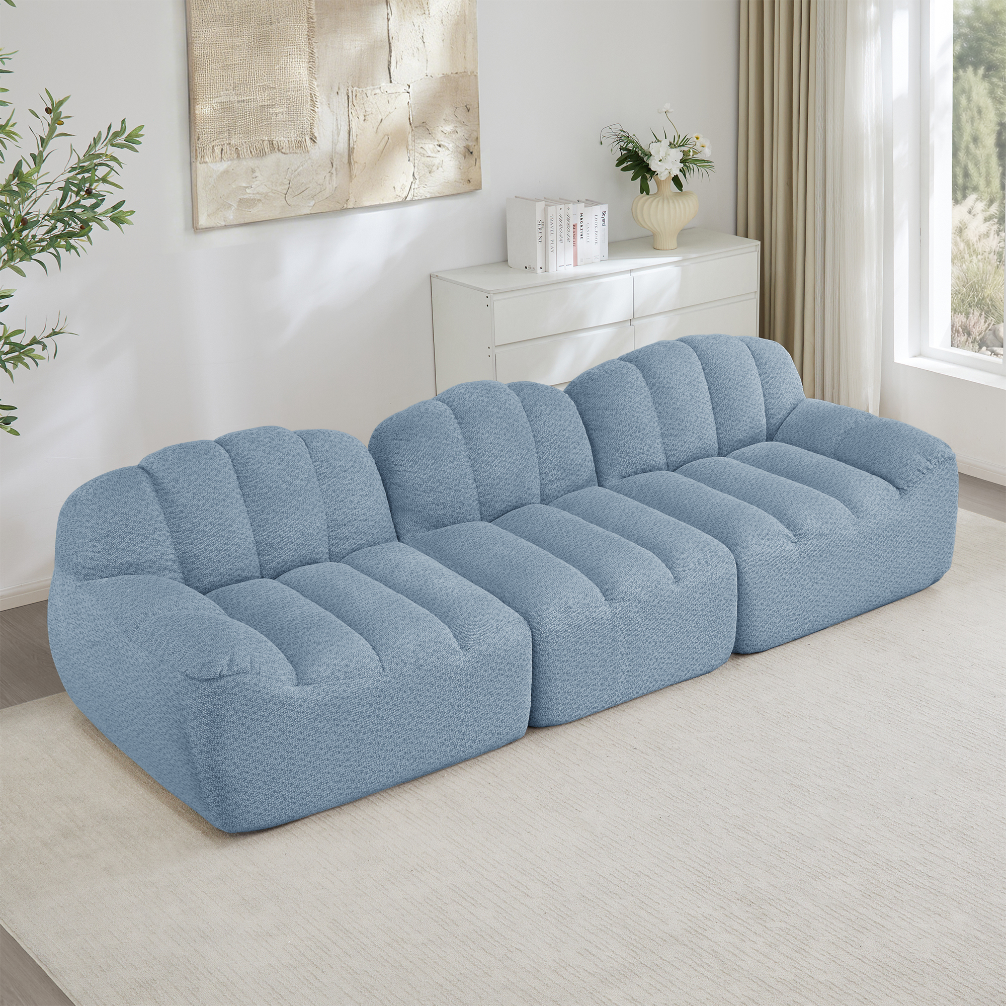 Canapé Modulable 3 Places Bleu, Canapé d'Angle Sans Dossier en Tissu Granuleux, Rangement Intégré pour Salon Contemporain
