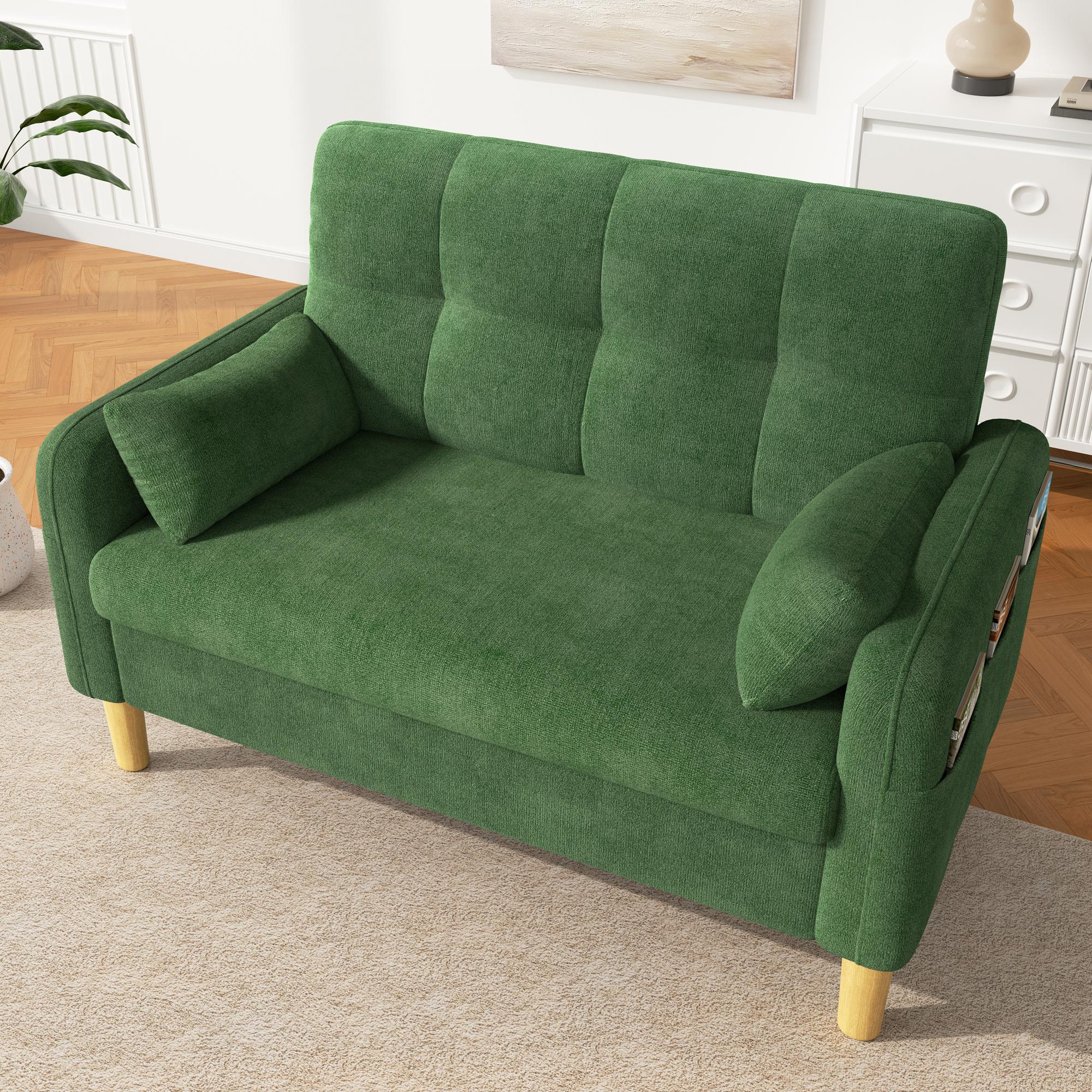 Canapé 2 places vert en tissu chenille avec poche latérale, coussins inclus, structure bois massif, idéal pour petit salon ou chambre, dimensions 119x78x85 cm