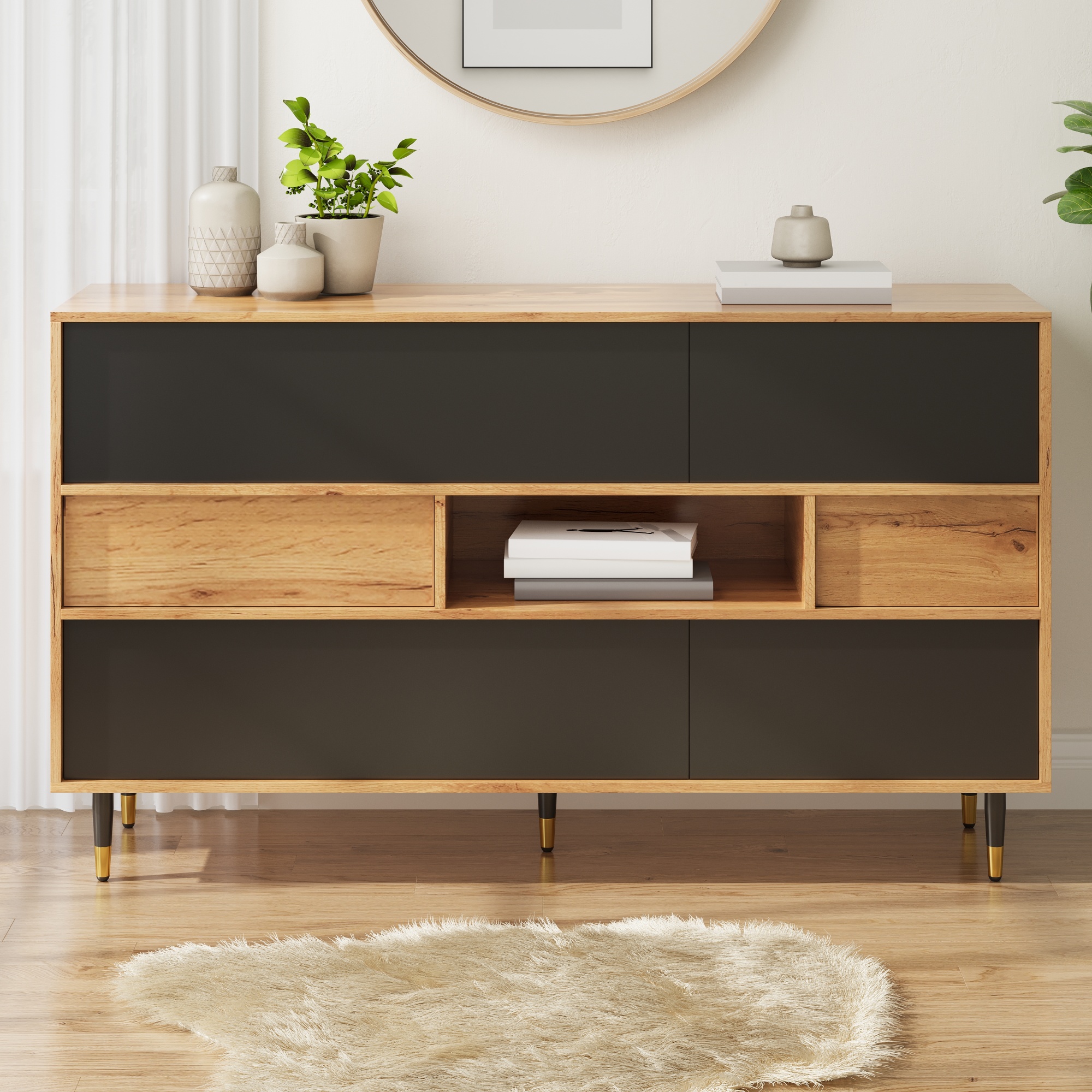 Buffet 140x84,5 cm avec 2 Tiroirs Silencieux et Portes Abattantes, Meuble Rangement Salon Noir Panneau composite de fibres de bois à densité