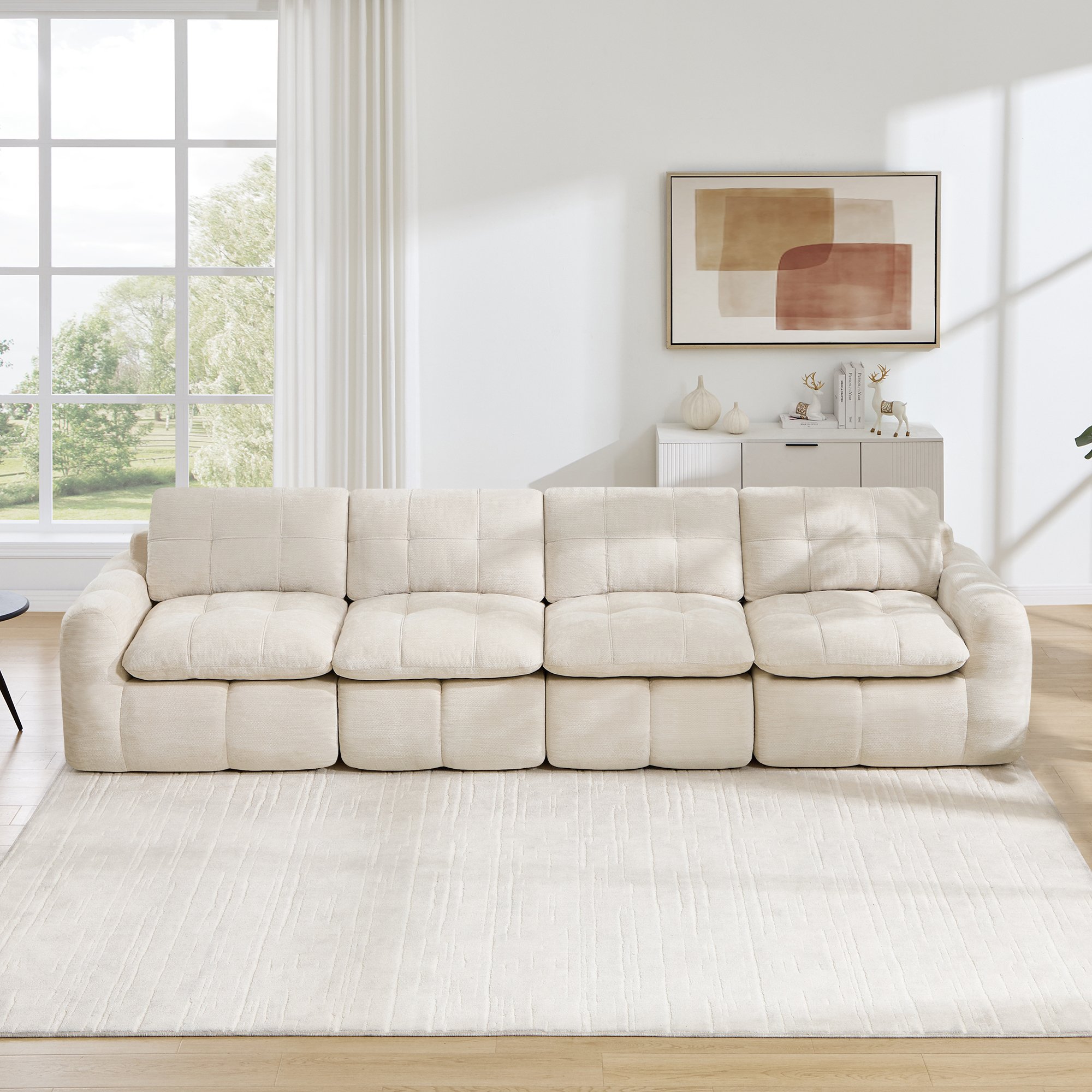 Canapé modulable sans assemblage 4 places chenille beige mousse dense pour appartement location meublée