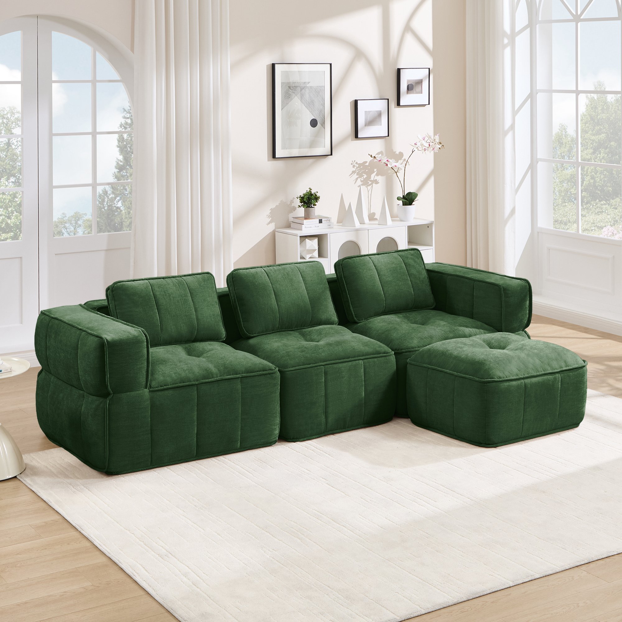 Canapé d'angle modulable 3 places vert en polyester sans cadre avec pouf, mousse haute densité 32D et assise profonde pour le salon