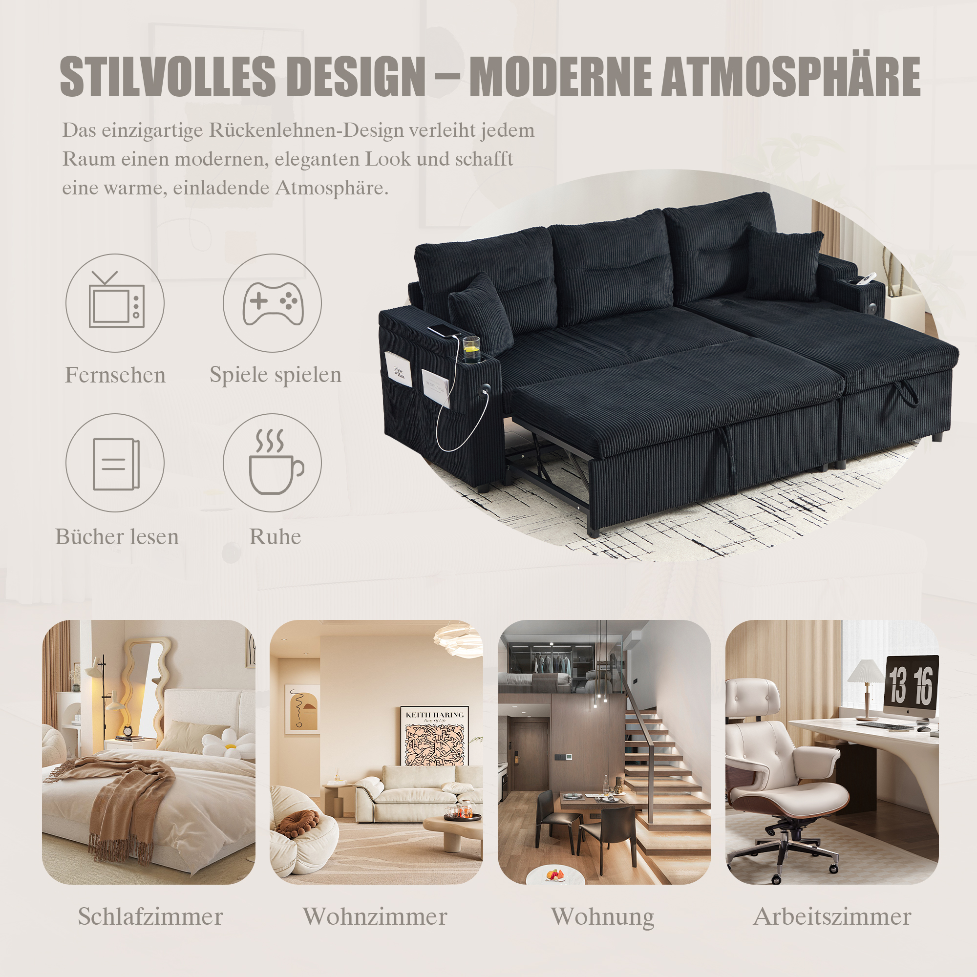 Lit coffre noir en velours côtelé avec sommier à lattes et coffre de rangement intégré pour chambre