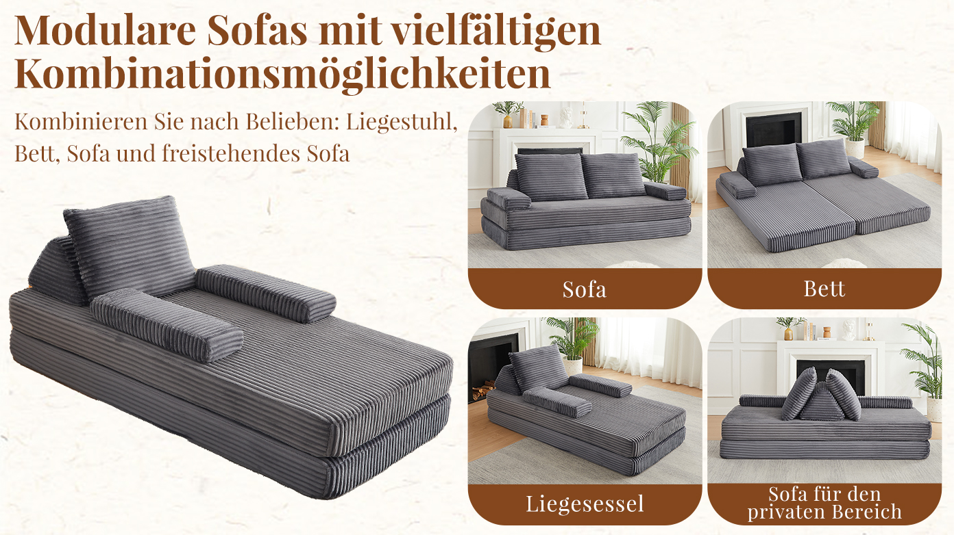 Canapé-lit Modulable Gris Corduroy 211x106cm, Structure Mousse Sans Pieds, Dossiers Triangulaires Amovibles et Accoudoirs Déplaçables pour Salon Moderne