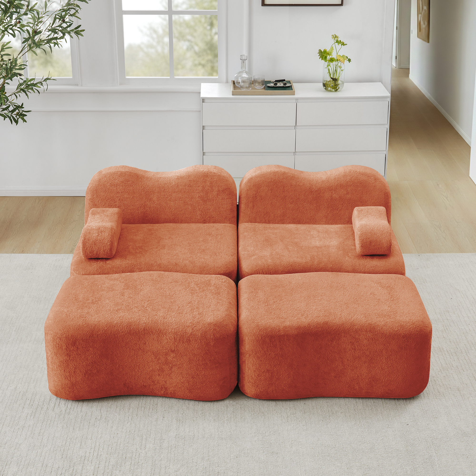 Canapé Modulable 2 Places avec 2 Ottomans, Canapé Panoramique Sans Dossier en Velours Orange, Design Ondulé Antidérapant pour Salon Moderne