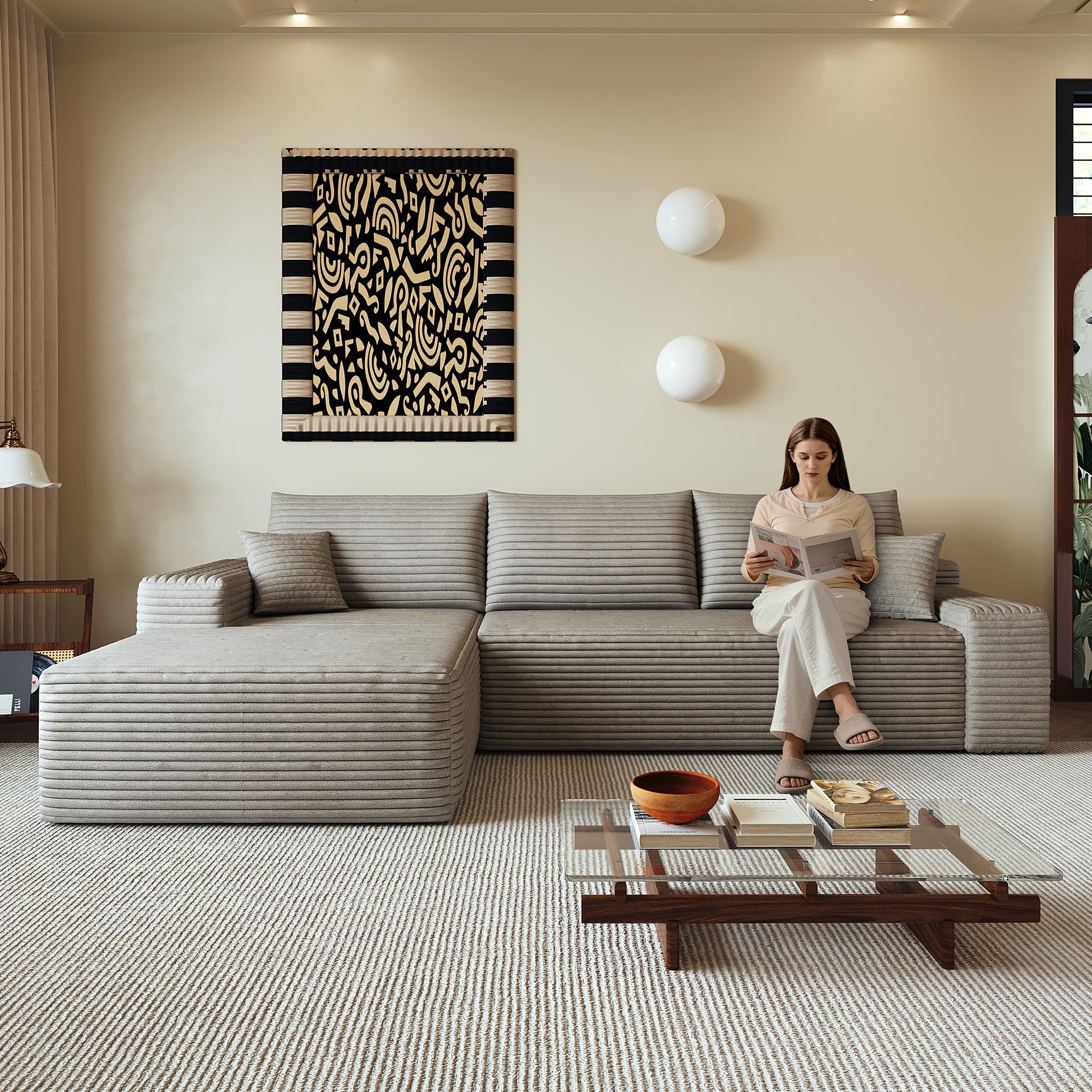 Canapé d'angle en velours côtelé camel, lignes fluides et design contemporain, dimensions 270x175x83cm, rembourrage confortable