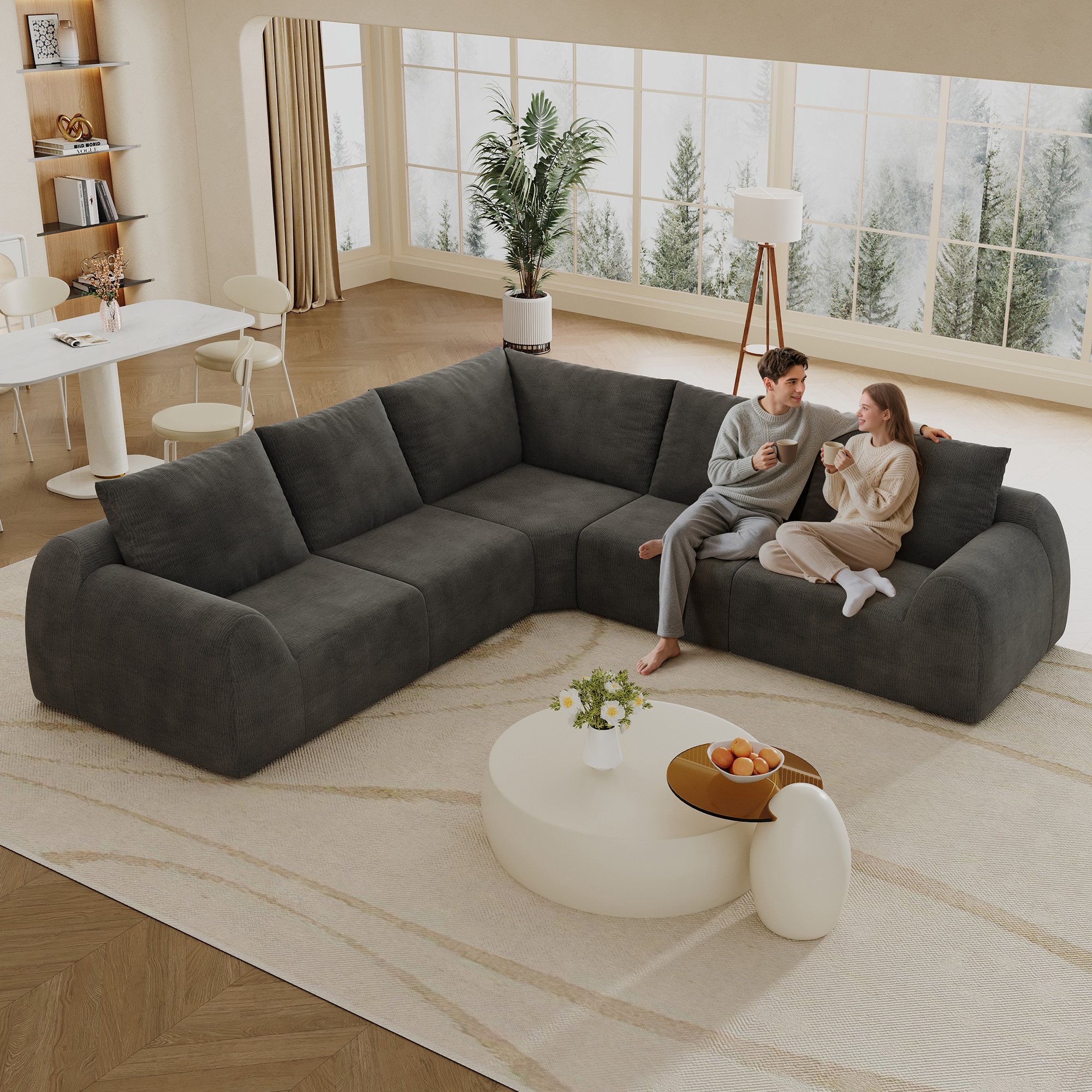 Canapé sans montage 267x267 cm en tissu chenille gris foncé avec mousse haute élasticité pour salon et chambre