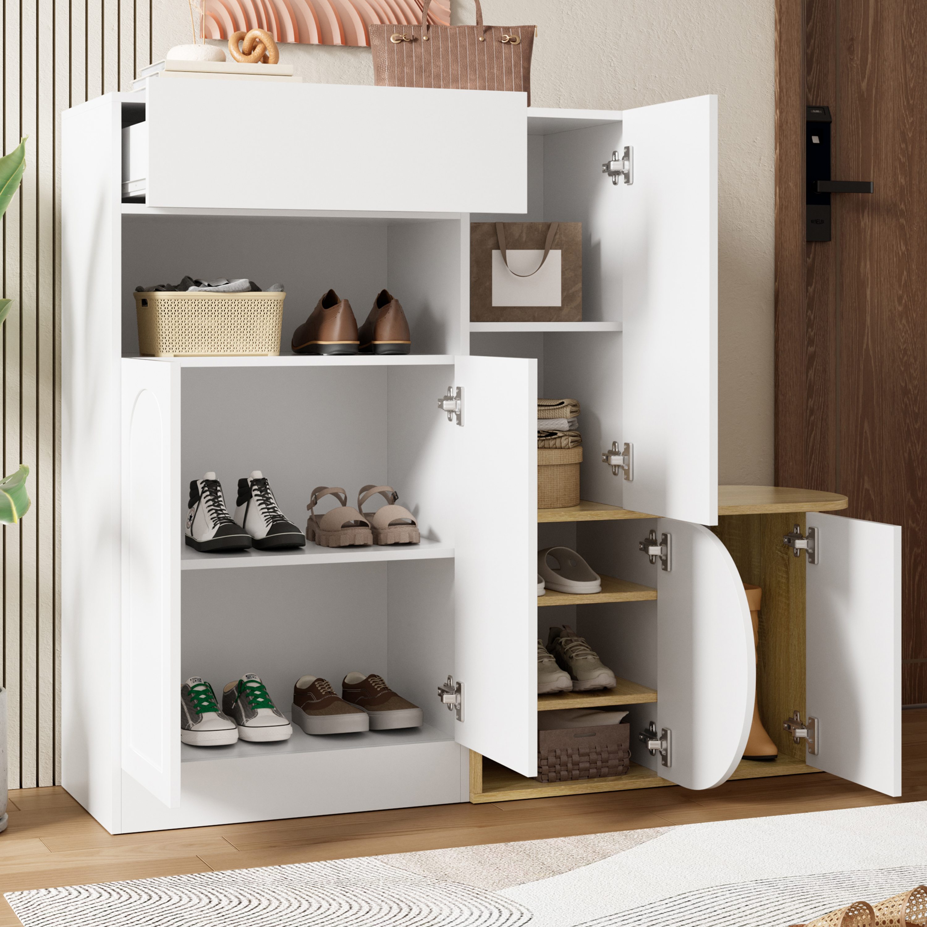 Meuble à chaussures avec banc intégré, 5 portes et tiroir, rangement hall entrée spacieux, Panneau composite de fibres de bois à densité Blanc bois, 130x35x110,5 cm