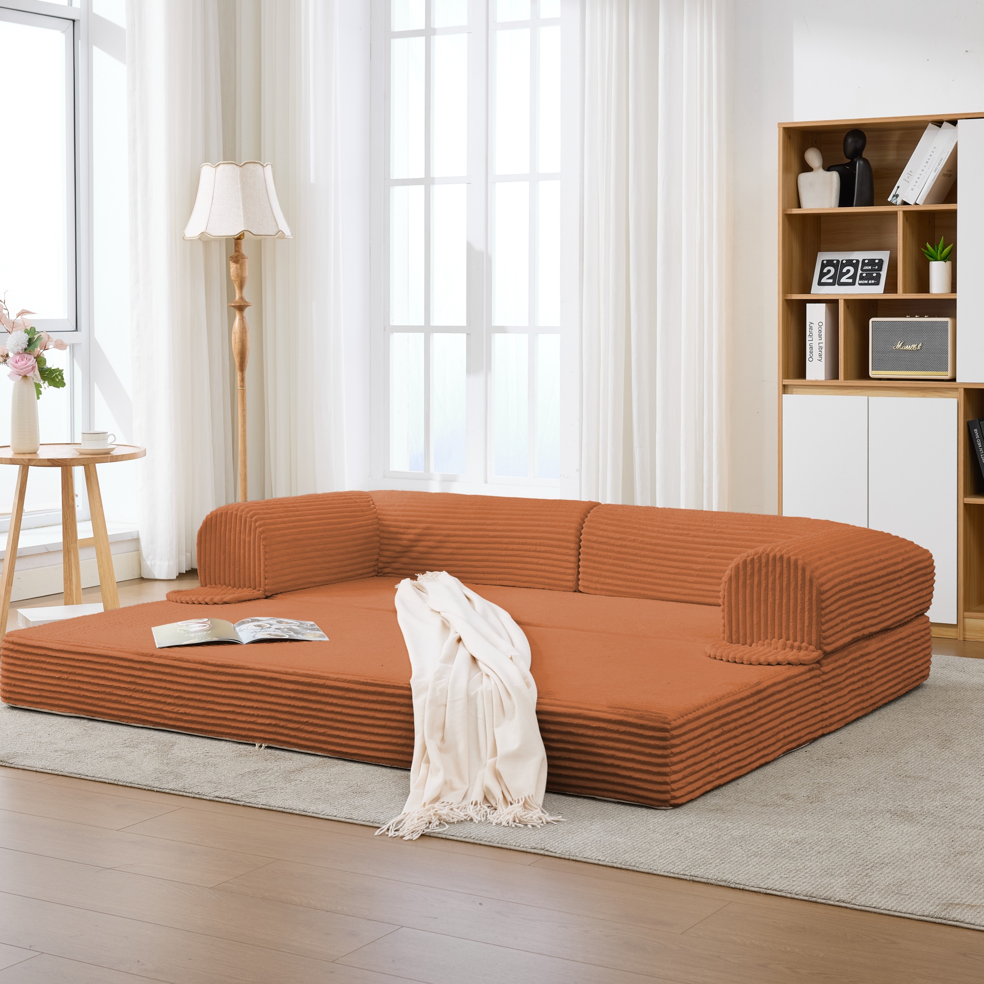 Canapé Droit 2 Places Convertible Lit Orange Tissu Côtelé Avec Rangement Intégré Salon Moderne