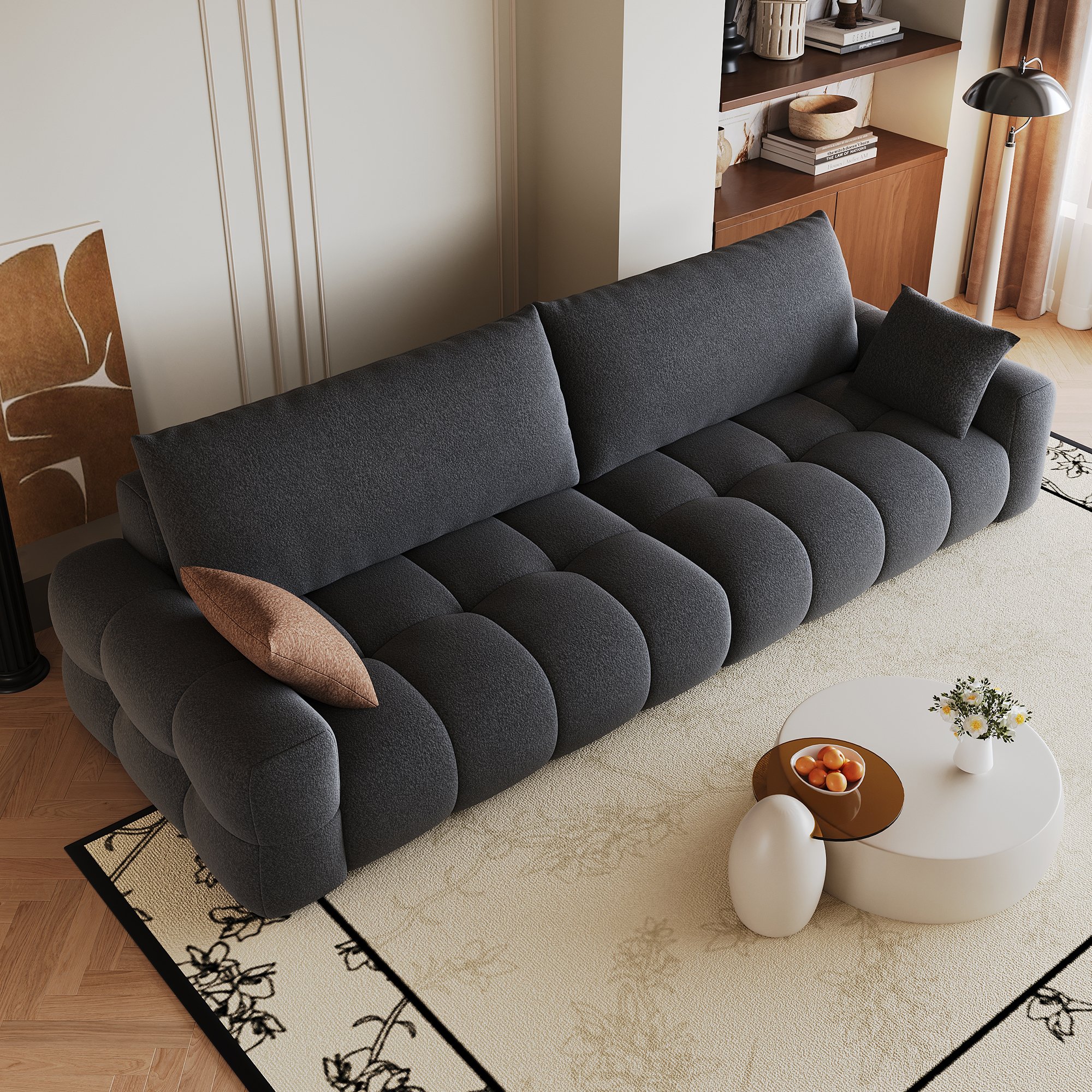 Canapé modulable 260x105x86 cm en tissu lin gris foncé sans montage avec assise profonde et structure boneless pour salon ou chambre