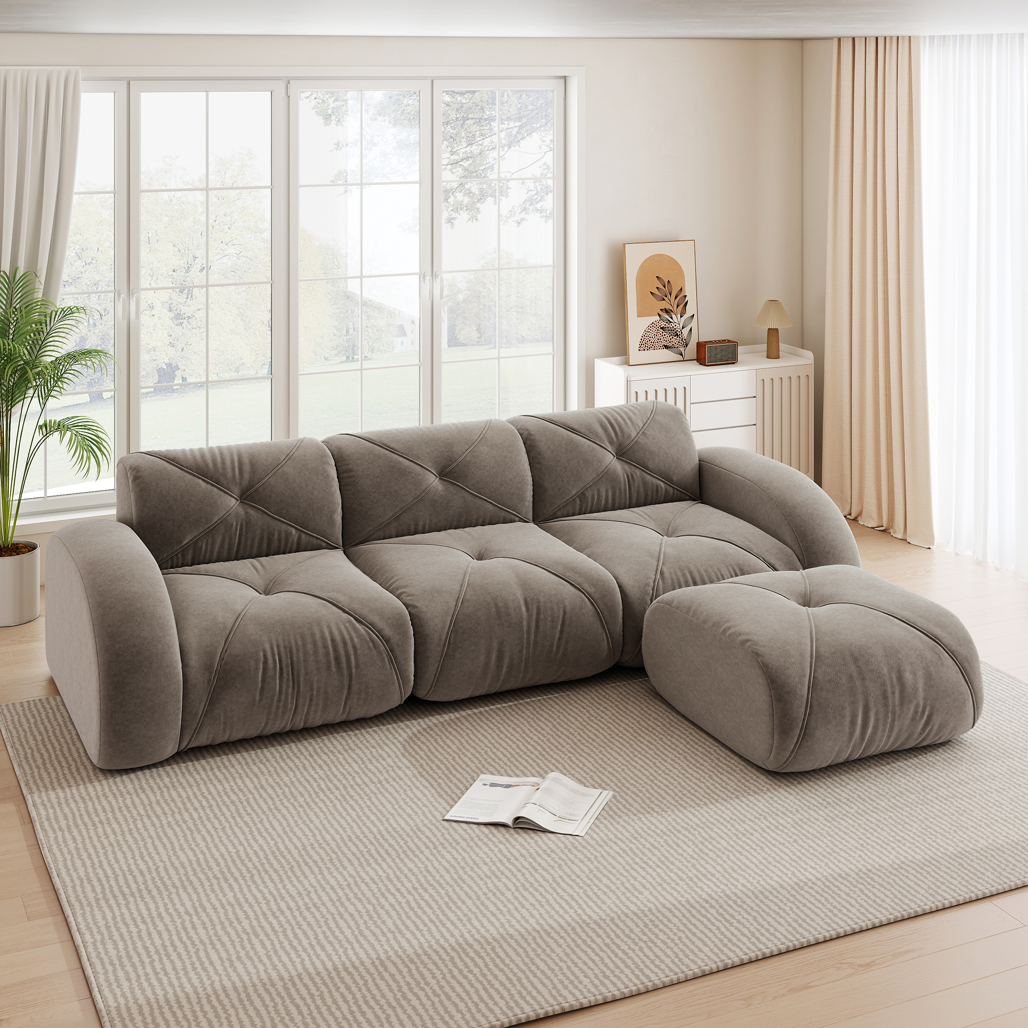 Fauteuil d'angle Modulable 3 Places en Chenille Taupe avec Repose-pieds Intégré Design Contemporain Salon