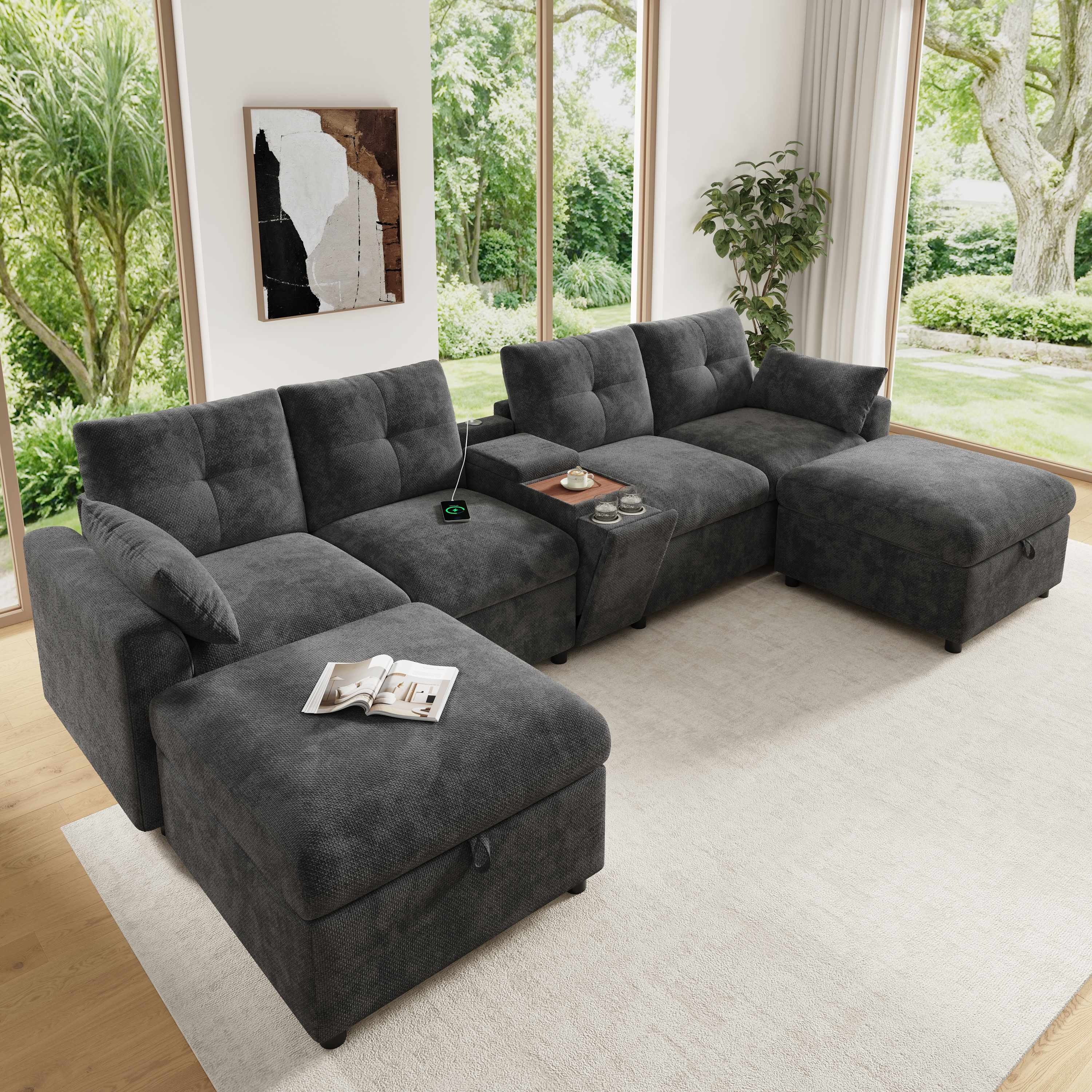 Canapé d'angle modulable 6 places en chenille gris, structure U/L avec poufs de rangement, console centrale USB Type-C et porte-gobelets, dimensions 316x140x84,5 cm pour salon moderne.