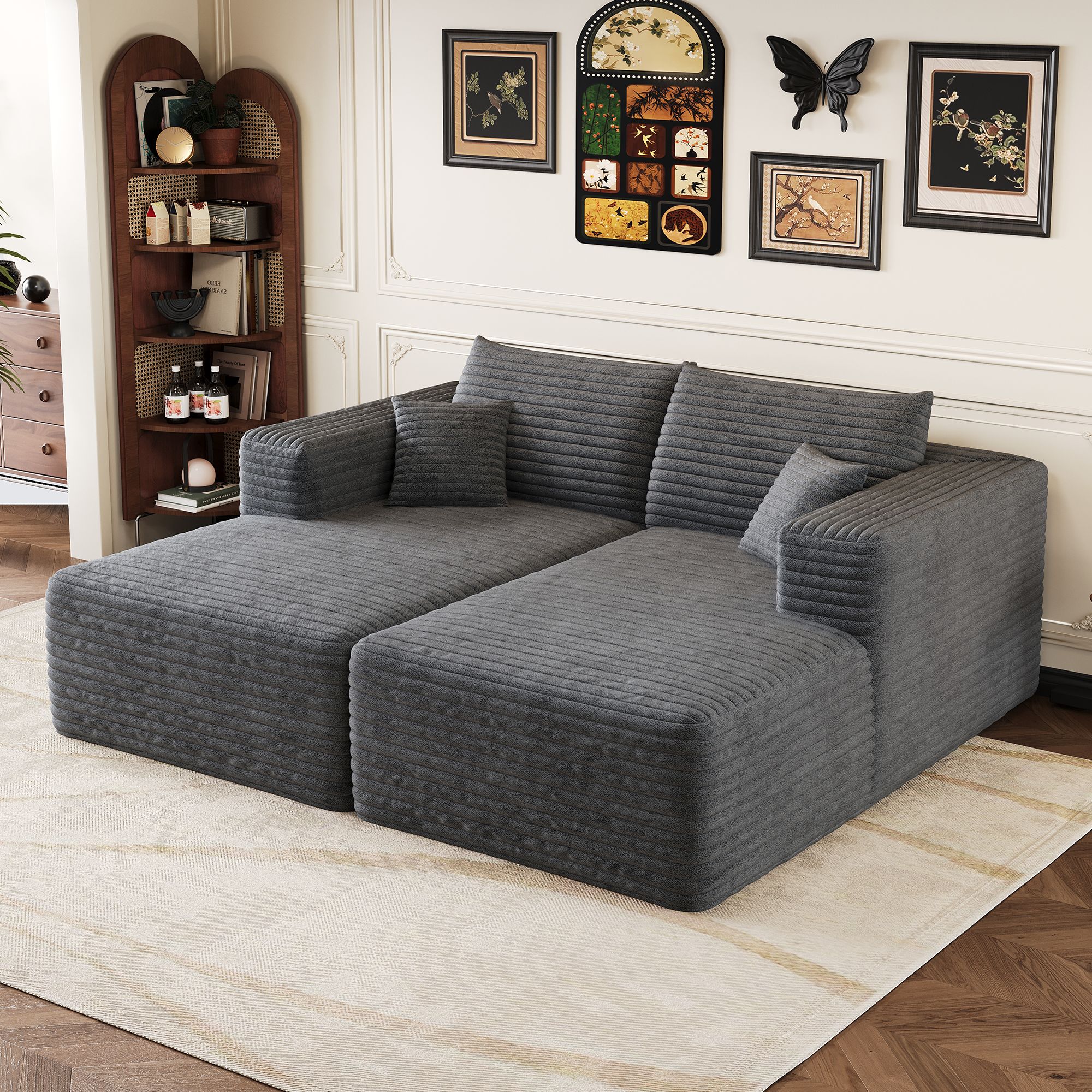Canapé d'angle en tissu velours côtelé gris anthracite, design minimaliste sans pieds visibles, assise profonde et moelleuse