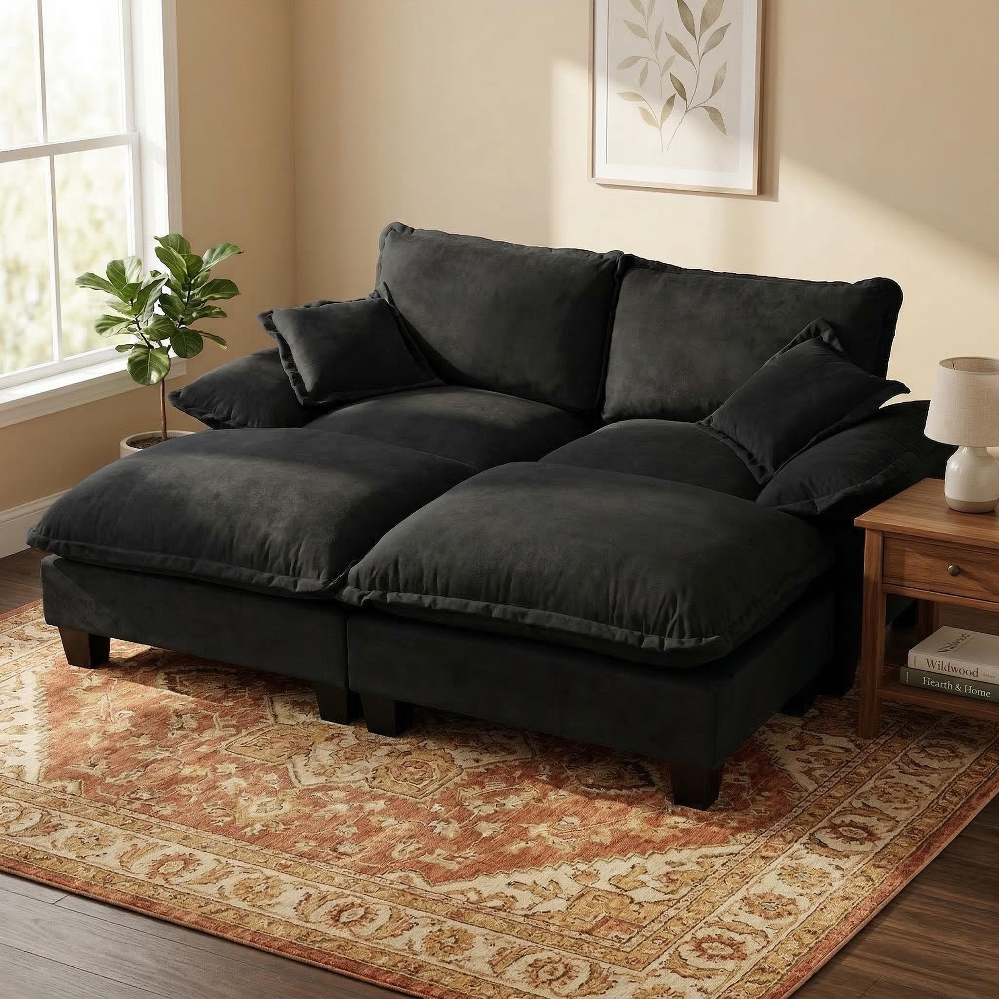 Canapé d'angle modulable Chenille Noir, Canapé Cloud Design avec 2 Ottomans et Coussins, Structure Bois Stable pour Salon