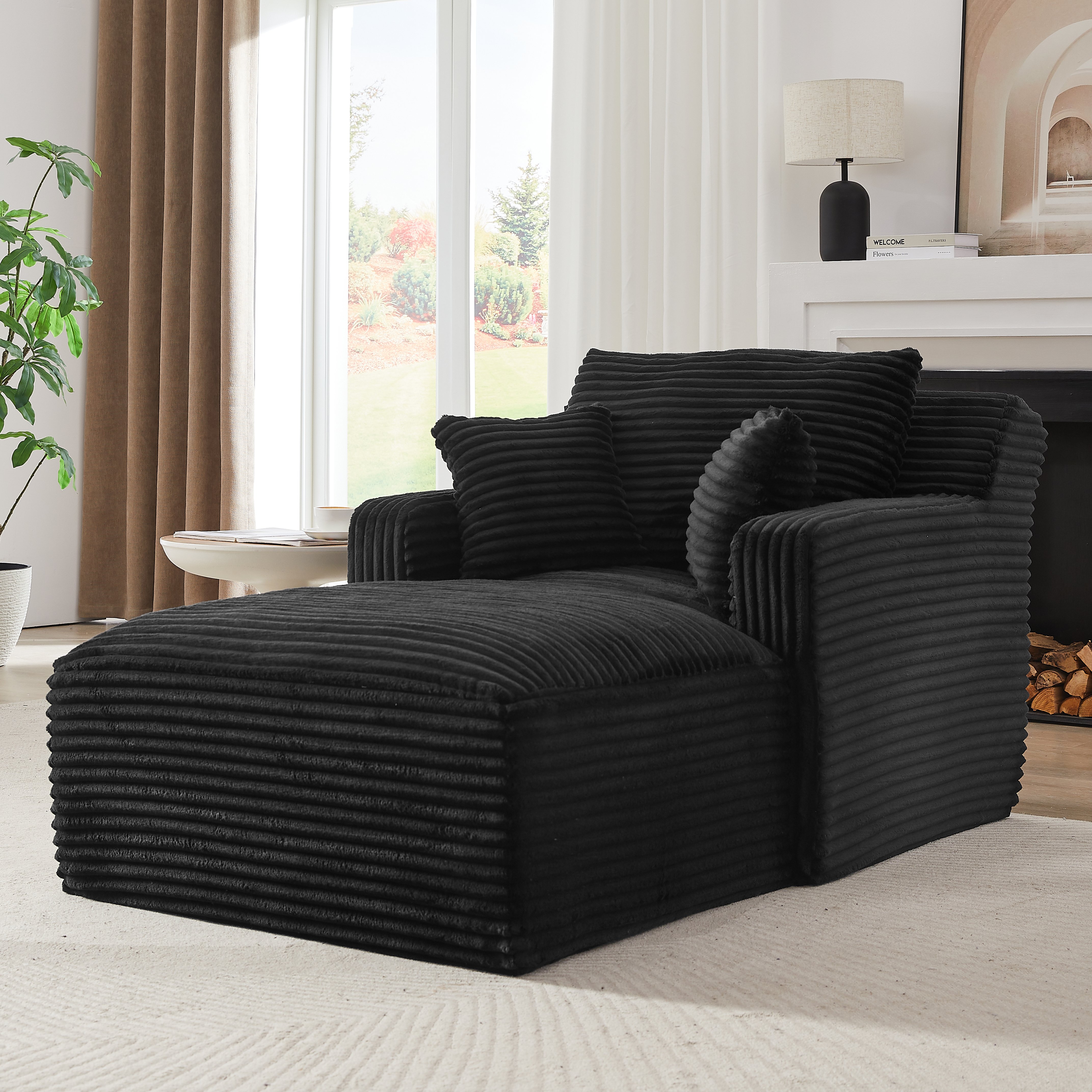 Méridienne Convertible Style Lit de Repos - Canapé Design Noir Tissu Côtelé Pour Salon Contemporain