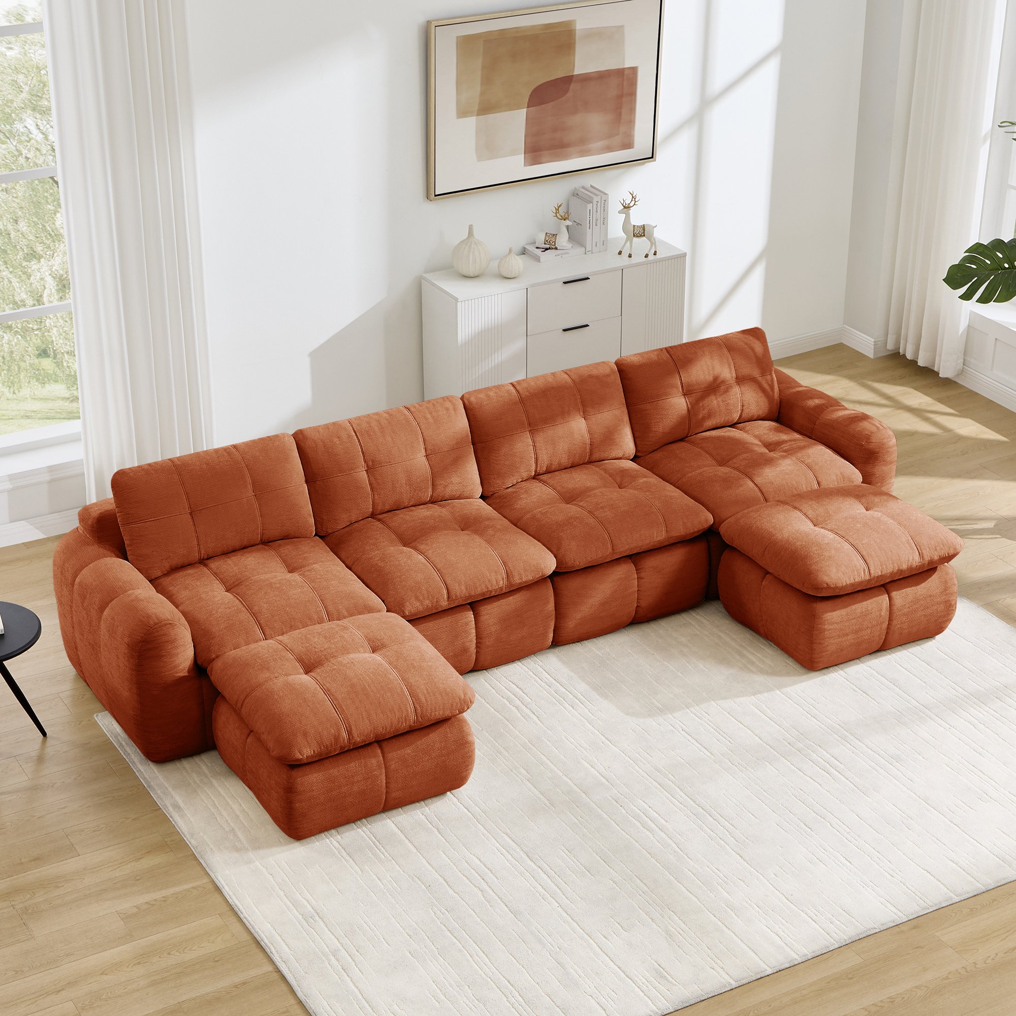 Canapé Modulable Orange Chenille 4 Places avec Ottomans, Design Carreaux, Sans Cadre, Profond et Ergonomique pour Salon
