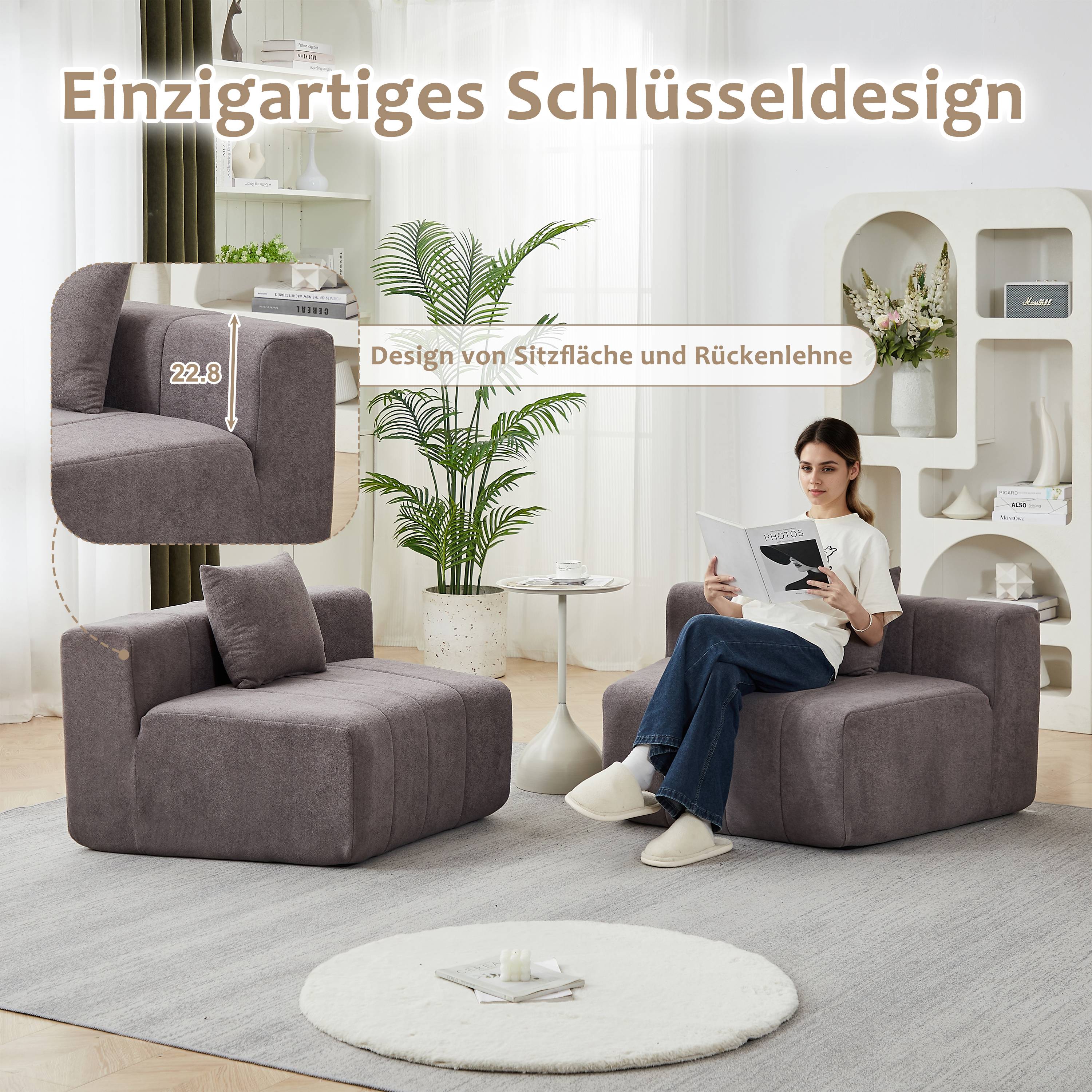 Canapé Modulable Gris en Chenille avec 2 Coussins, Design Courbe Symétrique pour Salon Bureau, Sans Montage Requis
